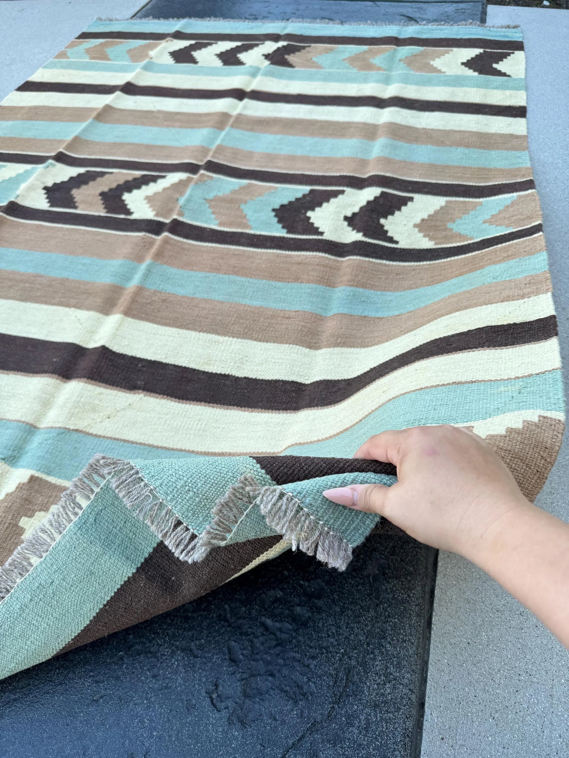 5x7 (150x200) Handmade Afghan Kilim Rug | Cream Beige Chocolate Cinnamon Brown Teal | Flatweave Oushak Rustic Outdoor