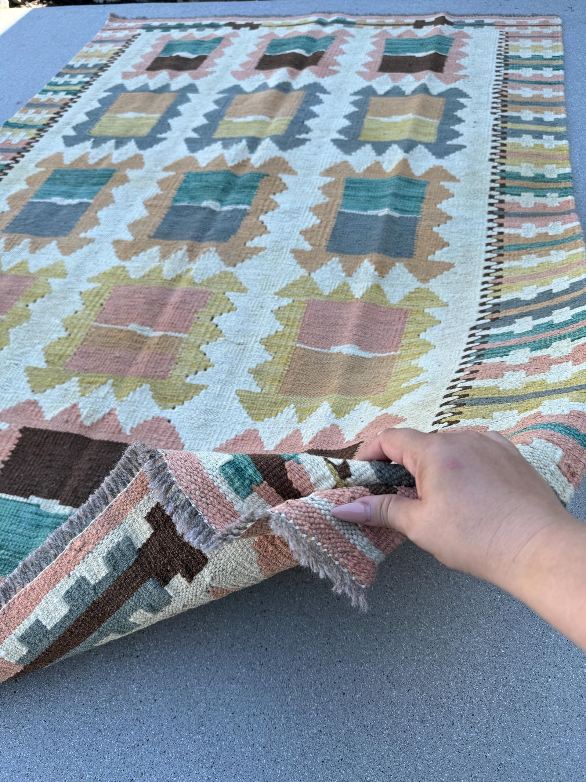 4x6 Handmade Afghan Kilim Rug | Cream Beige Mustard Yellow Rhubarb Muted Red Forest Green Coffee Peanut Brown Charcoal Grey | Flatweave Wool