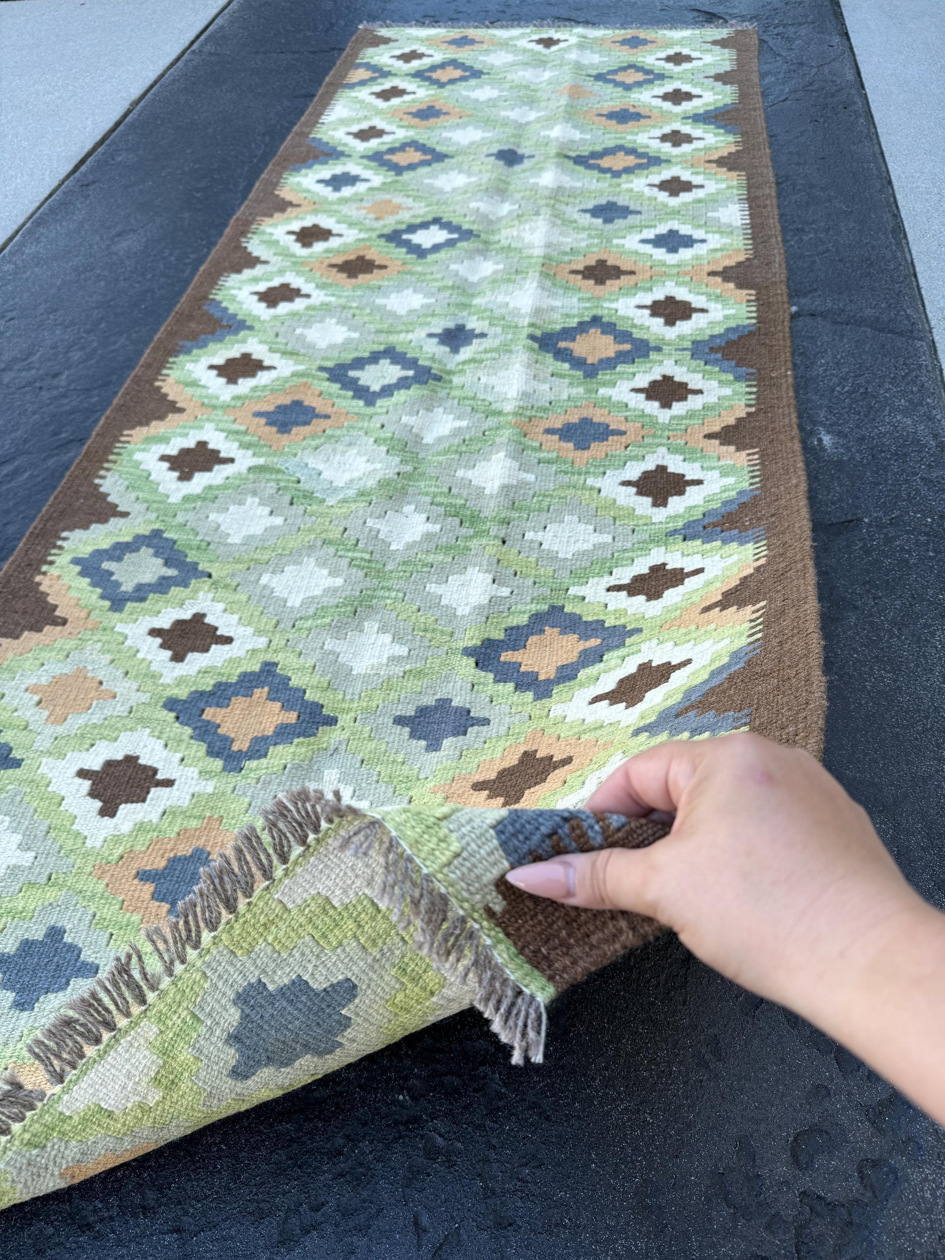 3x7 Handmade Afghan Kilim Runner Rug | Chocolate Cinnamon Brown Olive Pistachio Green Prussian Blue Ivory Light Grey Gray | Flatweave Wool