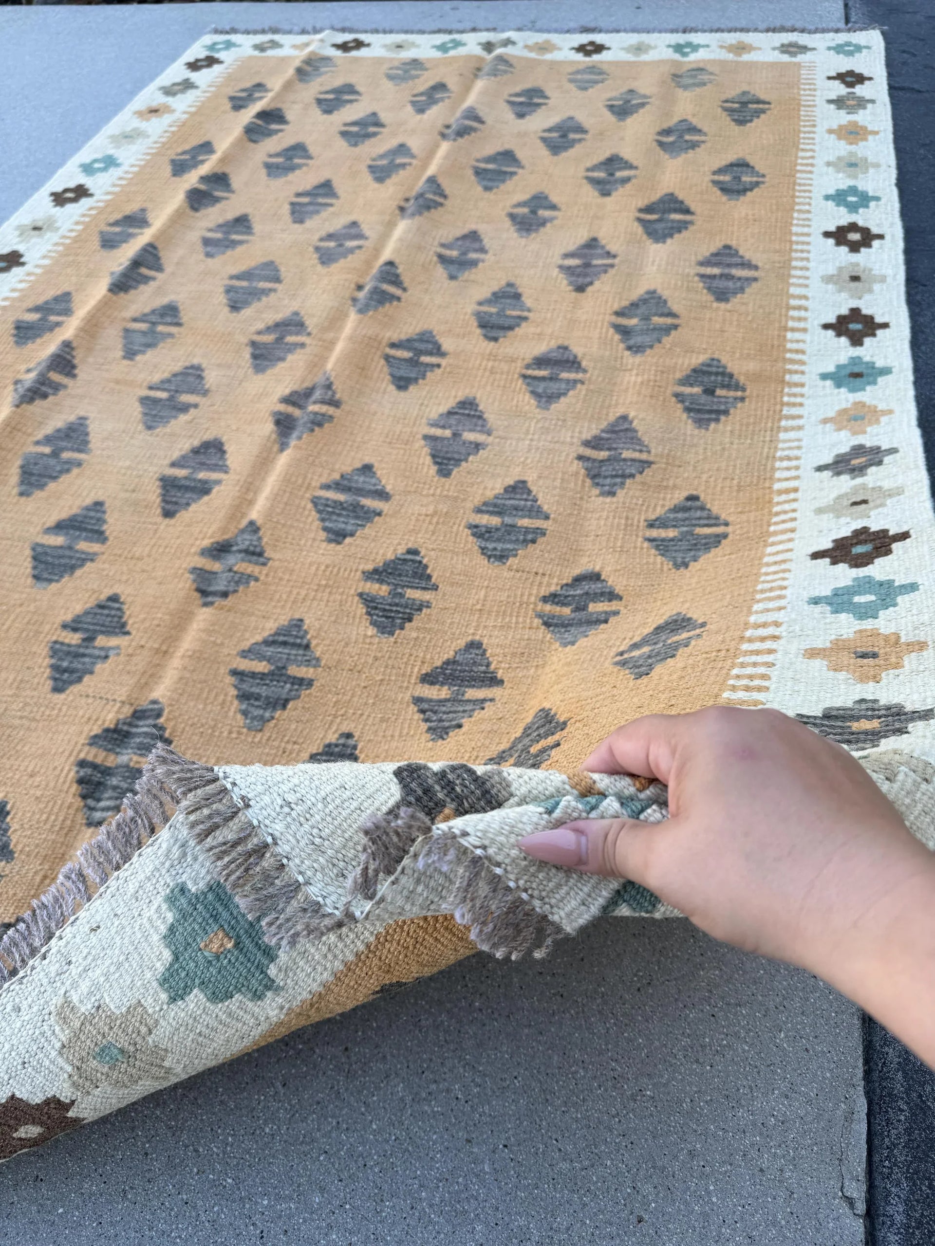 4x6 (120x180) Handmade Kilim Afghan Rug | Ivory Cream Pumpkin Cinnamon Chocolate Brown Grey Gray Teal | Flatweave Farmhouse Wool