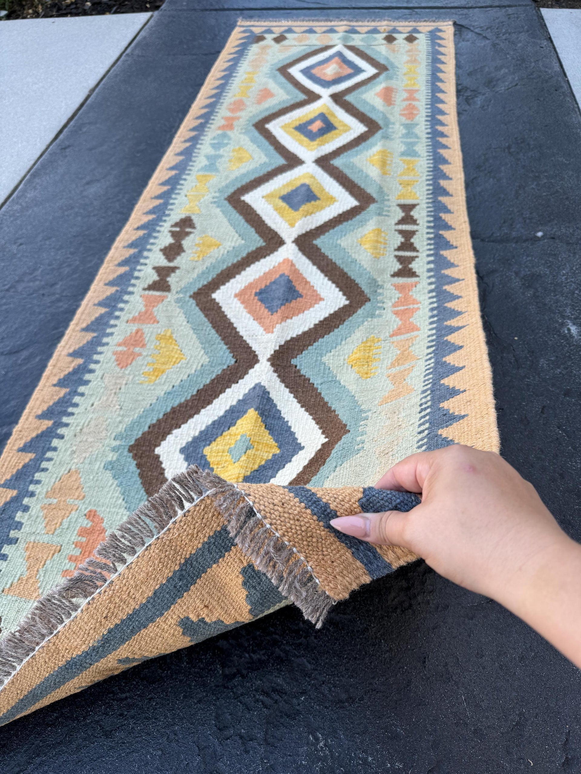 2x7 Handmade Afghan Kilim Runner Rug | Cinnamon Chocolate Brown Ivory Mustard Yellow Pumpkin Orange Light Grey Gray Turquoise | Flatweave