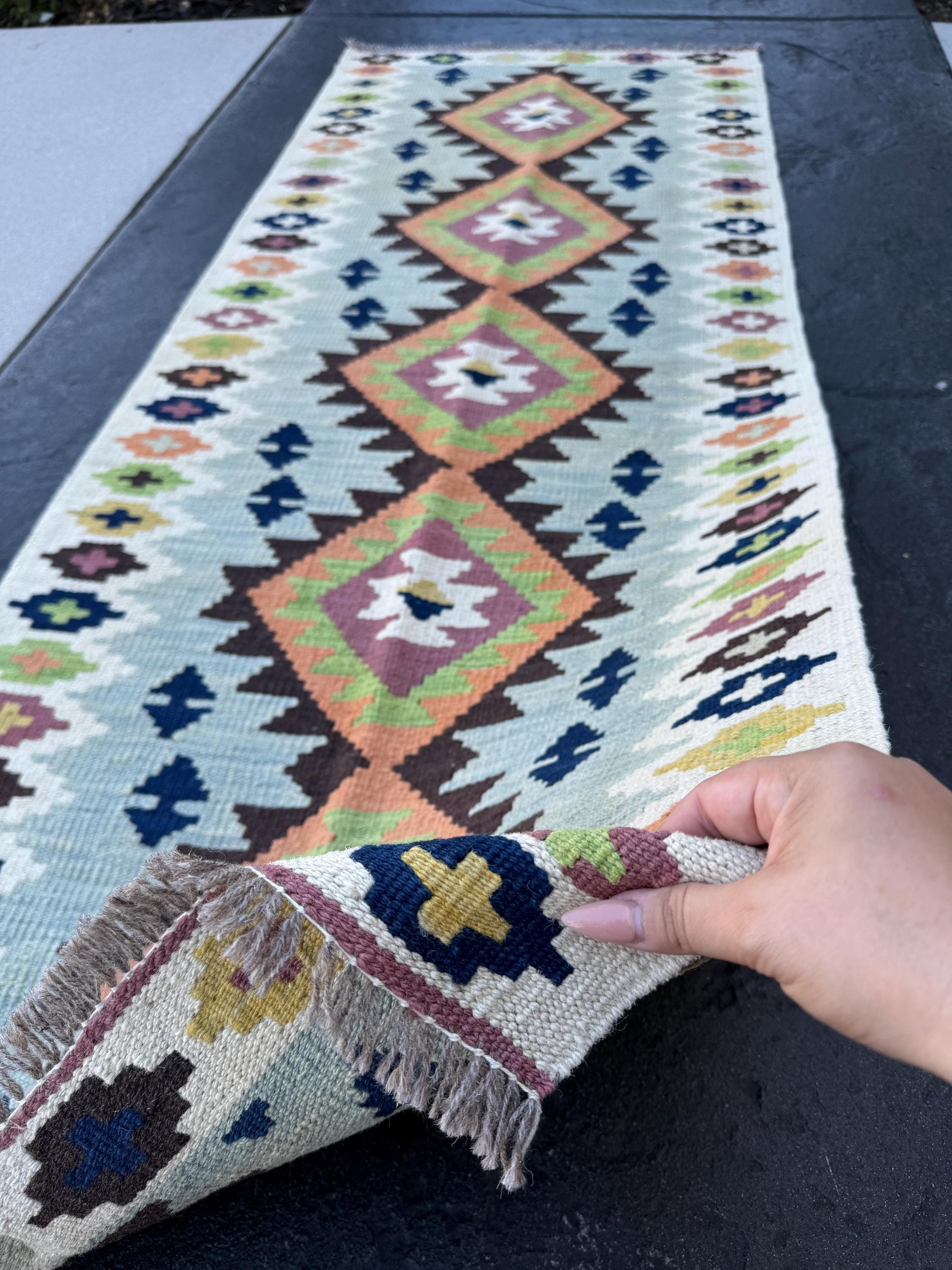 3x7 Handmade Afghan Kilim Runner Rug | Coffee Brown Ivory Fern Green Pumpkin Orange Navy Muted Blue Magenta Raspberry Plum | Flatweave