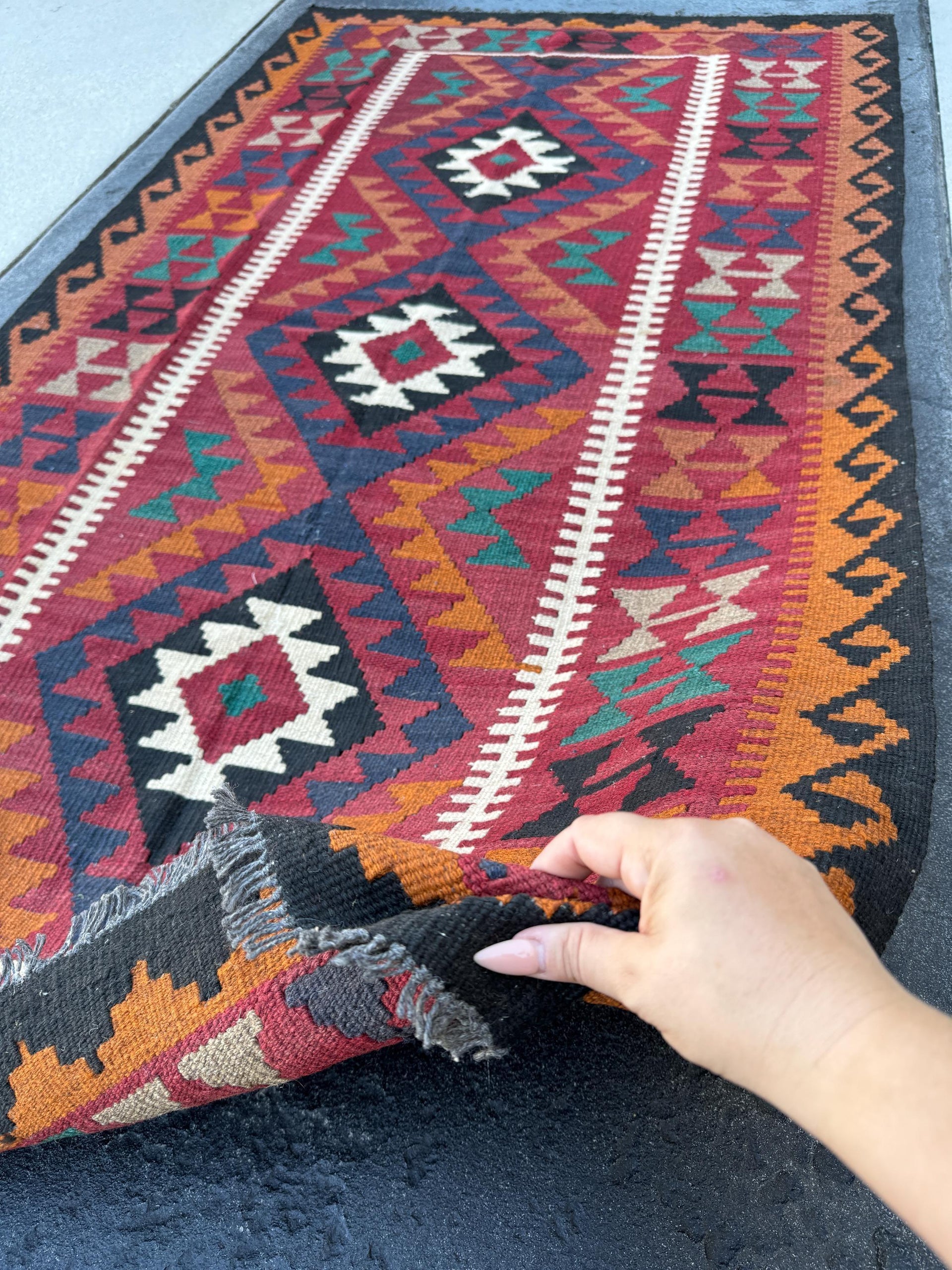 4x7 Handmade Kilim Afghan Rug | Black Garnet Red Chestnut Brown Ivory Forest Green Navy Blue Pumpkin Orange | Flatweave Southwestern Wool