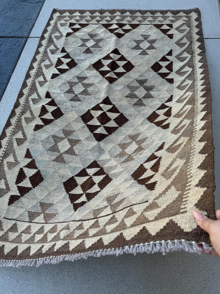 3x5 (100x180) Handmade Afghan Kilim Rug | Light Grey Gray Taupe Coffee Brown | Hand Knotted Geometric Bohemian Turkish Persian Oriental Wool