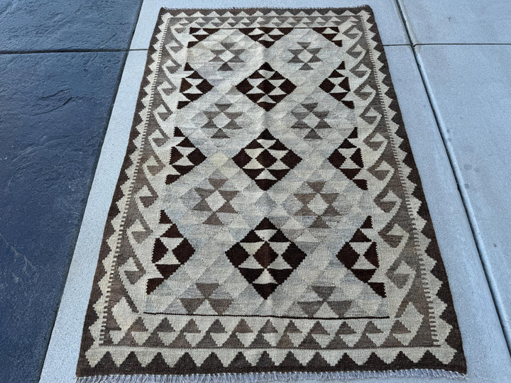 3x5 (100x180) Handmade Afghan Kilim Rug | Light Grey Gray Taupe Coffee Brown | Hand Knotted Geometric Bohemian Turkish Persian Oriental Wool