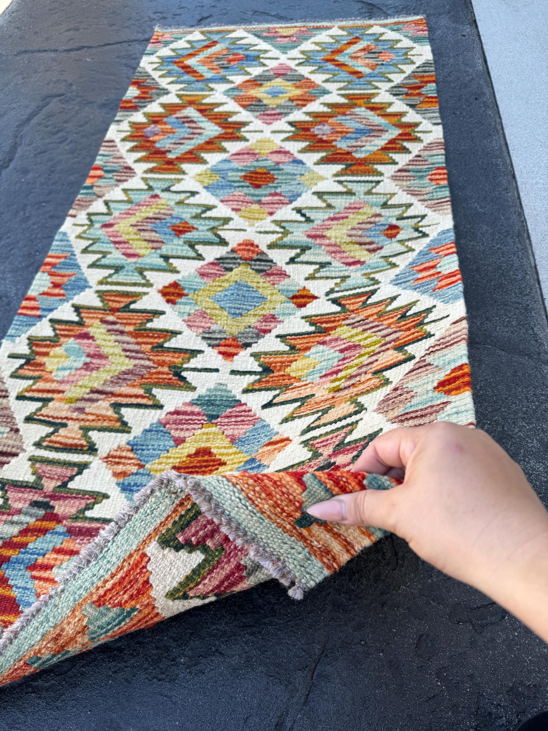 2x5 Handmade Afghan Kilim Rug | Ivory Cream Red Maroon Burnt Orange Mustard Yellow Denim Sky Blue Teal Green Grey | Flatweave Wool