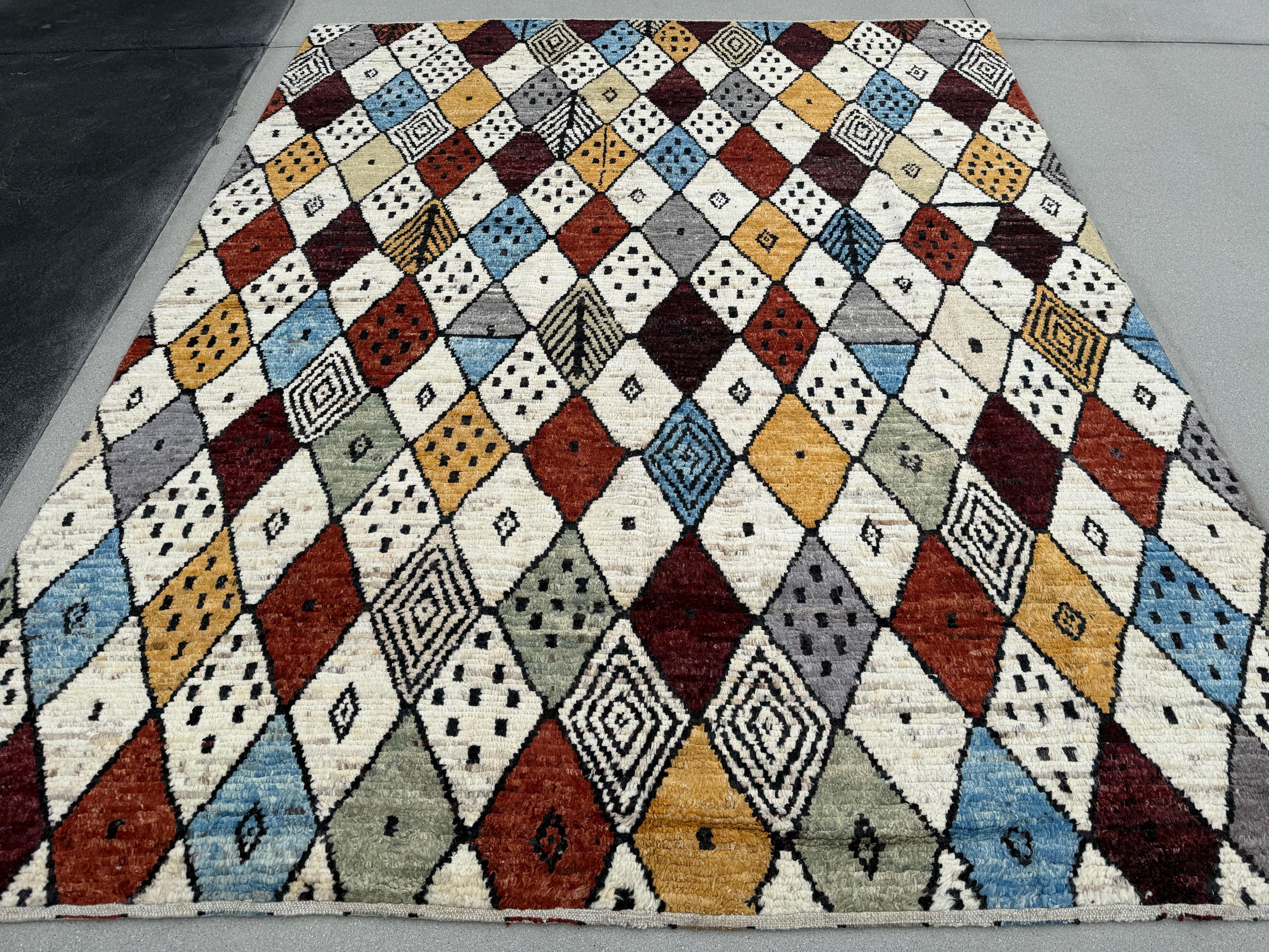 8x9-10 (244x290) Handmade Afghan Moroccan Rug | Cream White Maroon Burgundy Auburn Red Mustard Gold Yellow Denim Blue Grey Tan Beige Black