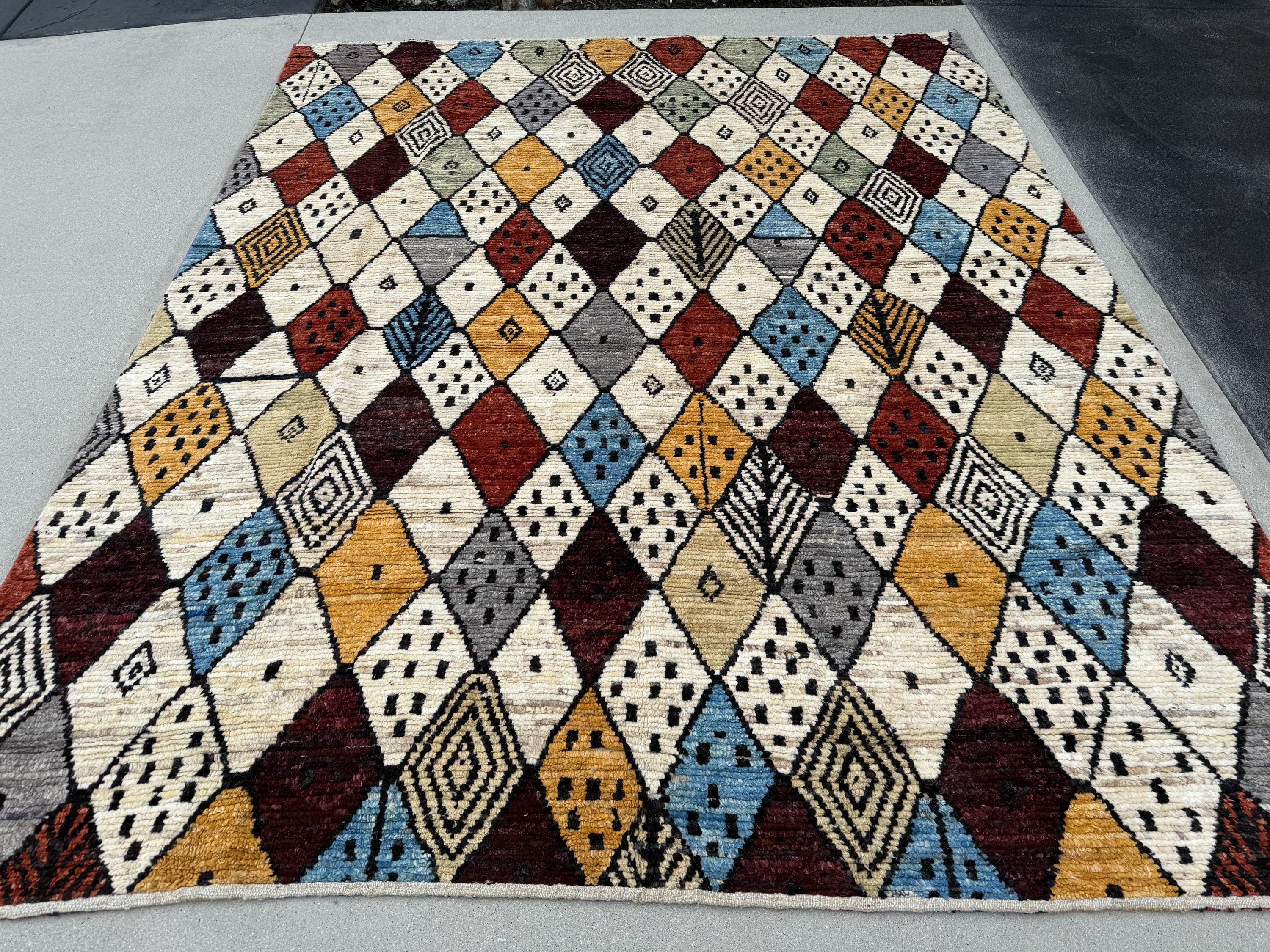 8x9-10 (244x290) Handmade Afghan Moroccan Rug | Cream White Maroon Burgundy Auburn Red Mustard Gold Yellow Denim Blue Grey Tan Beige Black