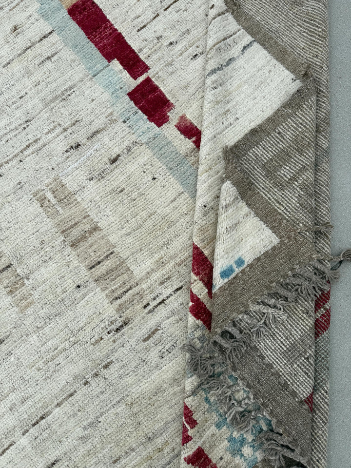 9x13 (274x396) Handmade Afghan Moroccan Rug | Cream White Ivory Grey Gray Crimson Blood Red Beige Tan Brown Sky Denim Powder Blue Taupe Wool