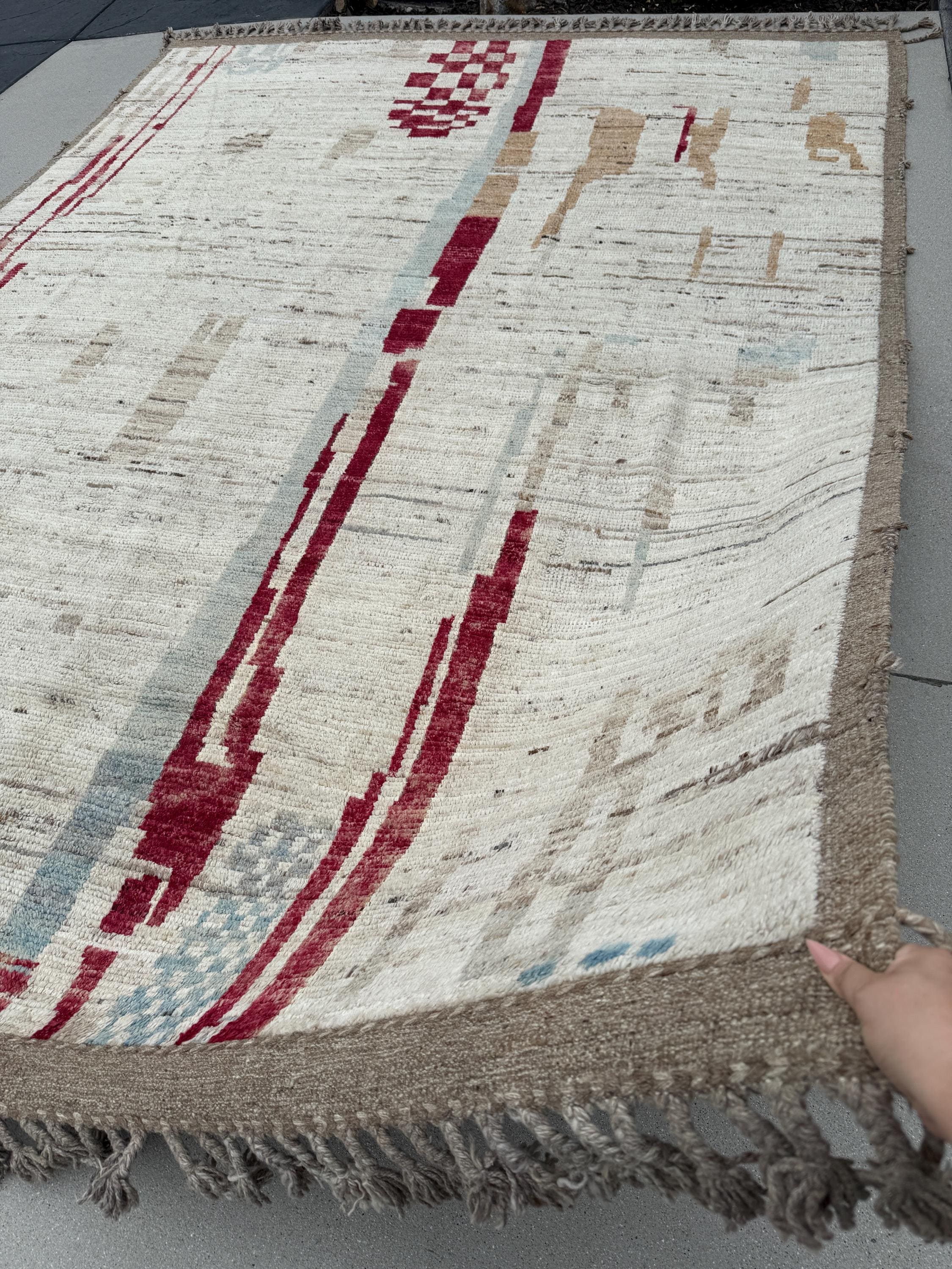 9x13 (274x396) Handmade Afghan Moroccan Rug | Cream White Ivory Grey Gray Crimson Blood Red Beige Tan Brown Sky Denim Powder Blue Taupe Wool