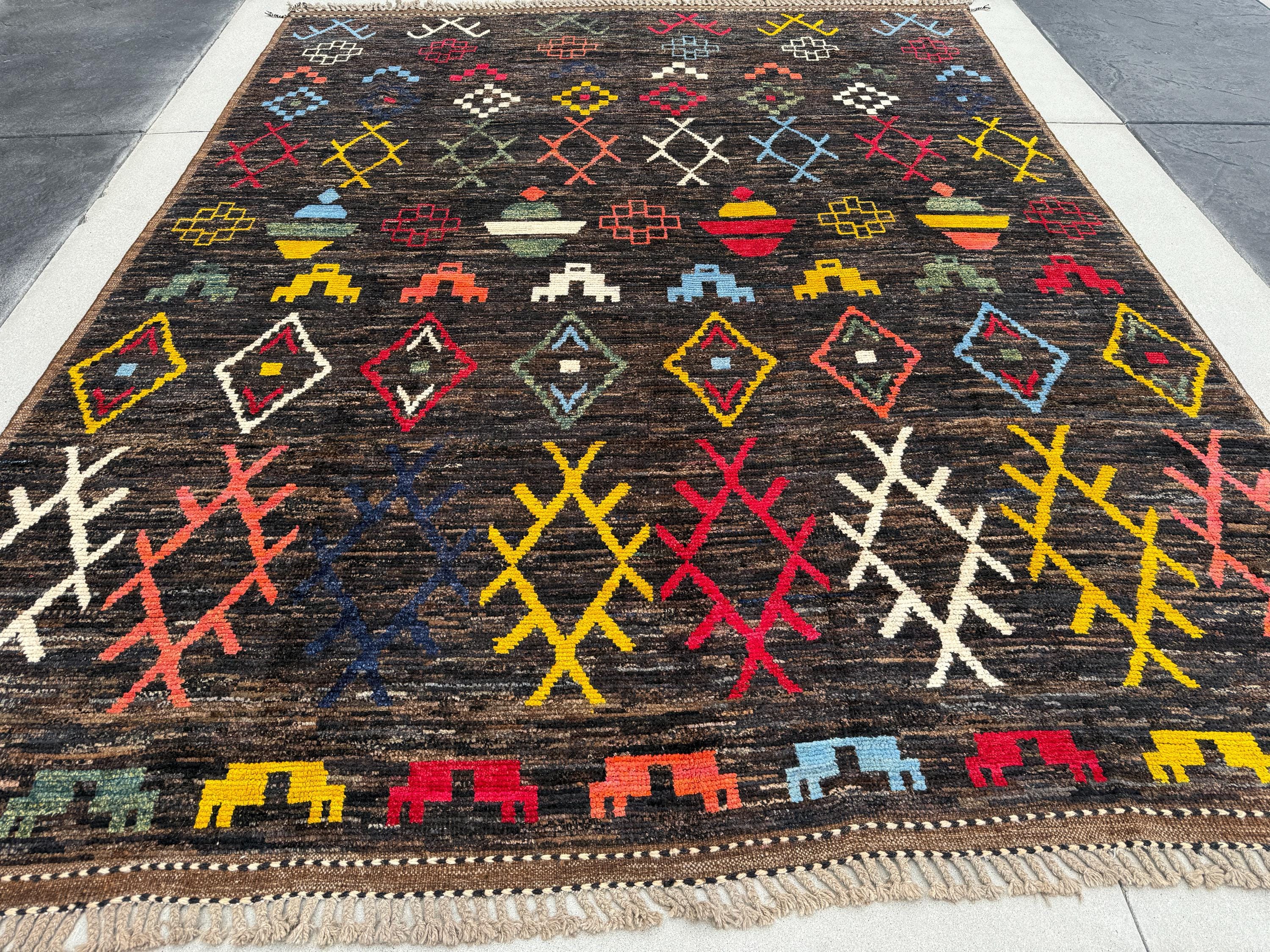 10x13 Handmade Afghan Moroccan Rug |Chestnut Espresso Brown Mustard Yellow Sky Denim Midnight Crimson Red Pine Green White Ivory Rose Coral