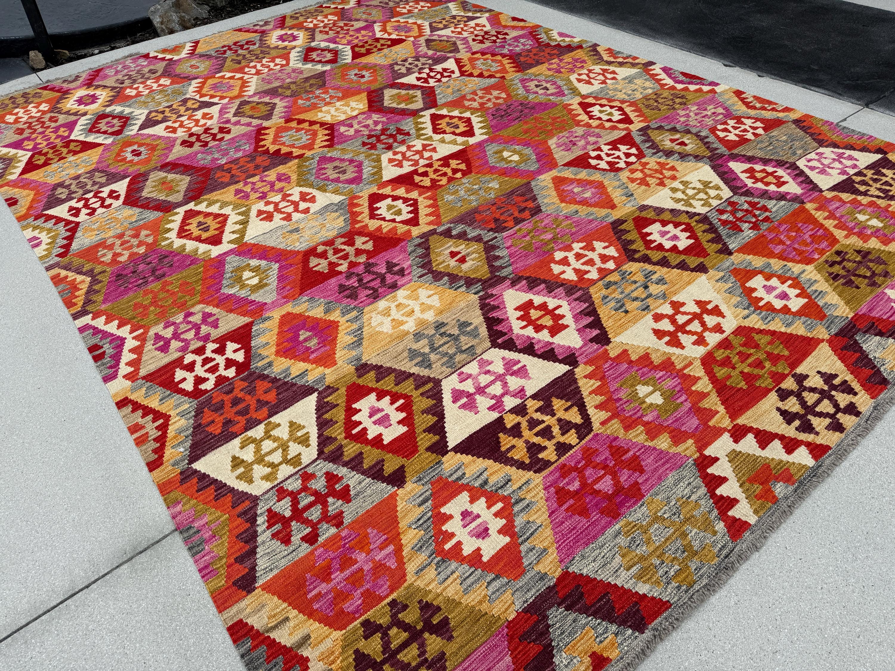 9x12 (260x365) Handmade Afghan Kilim Rug | Fuschia Rose Pink Blood Crimson Red Cream Grey Eggplant Purple Mustard Gold Beige Tan White Wool