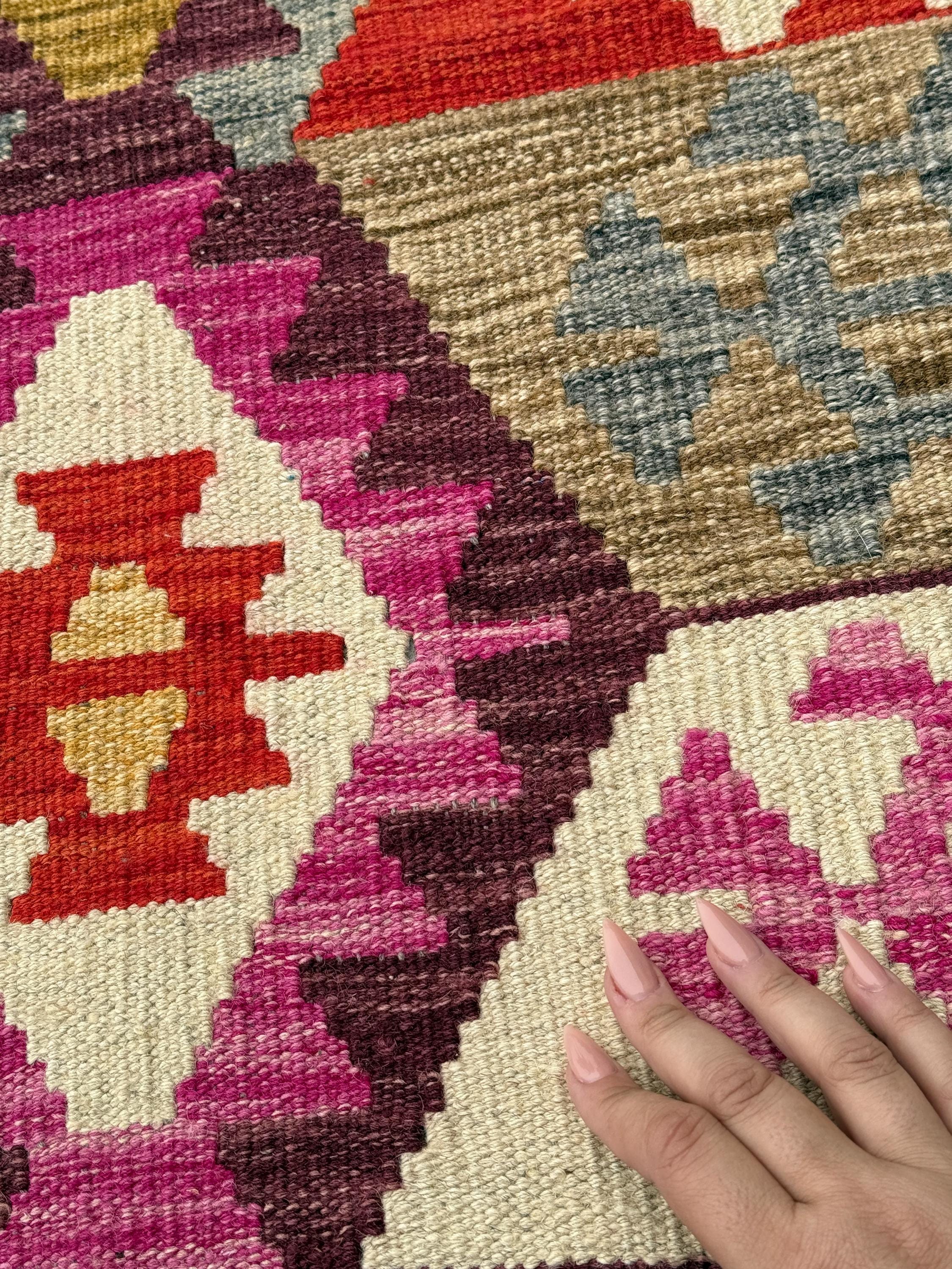 9x12 (260x365) Handmade Afghan Kilim Rug | Fuschia Rose Pink Blood Crimson Red Cream Grey Eggplant Purple Mustard Gold Beige Tan White Wool