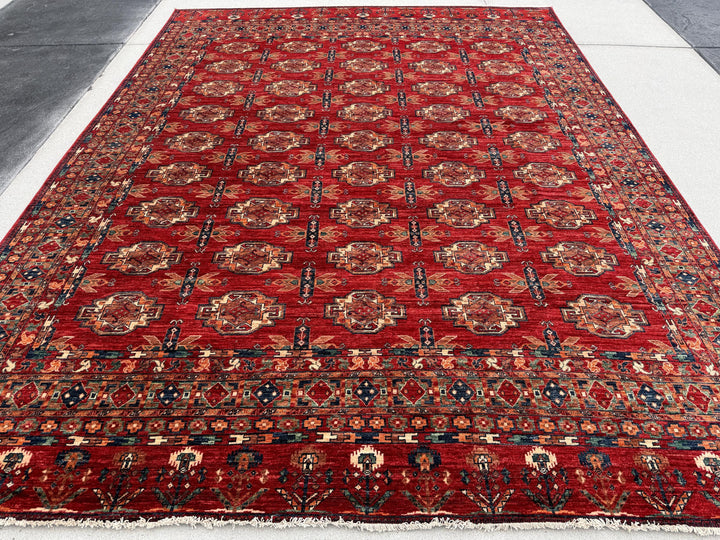 9x12 (275x365) Handmade Afghan Rug | Cherry Garnet Red Midnight Prussian Blue Coral Orange White Pine Green Tan Coffee Brown Cream Ivory