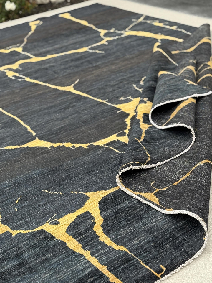 8x11 (244x335) Handmade Afghan Rug | Black Midnight Blue Gold Saffron Yellow | Wool Abstract Flokati Ourain Oushak Modern Contemporary Bold