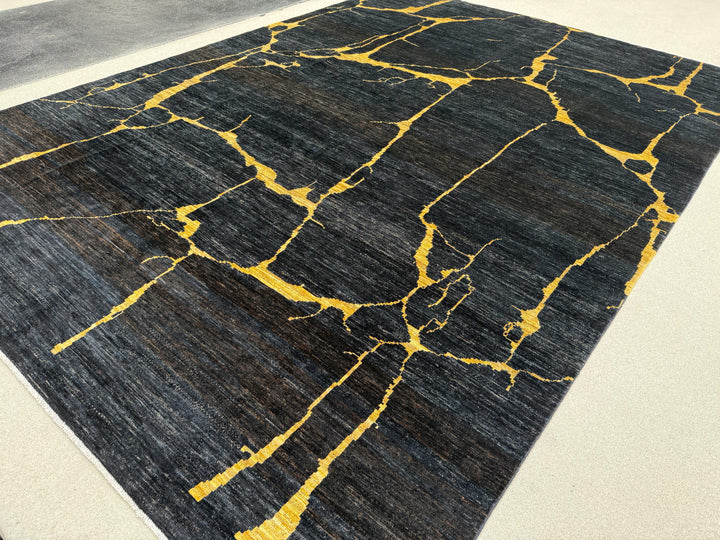 8x11 (244x335) Handmade Afghan Rug | Black Midnight Blue Gold Saffron Yellow | Wool Abstract Flokati Ourain Oushak Modern Contemporary Bold