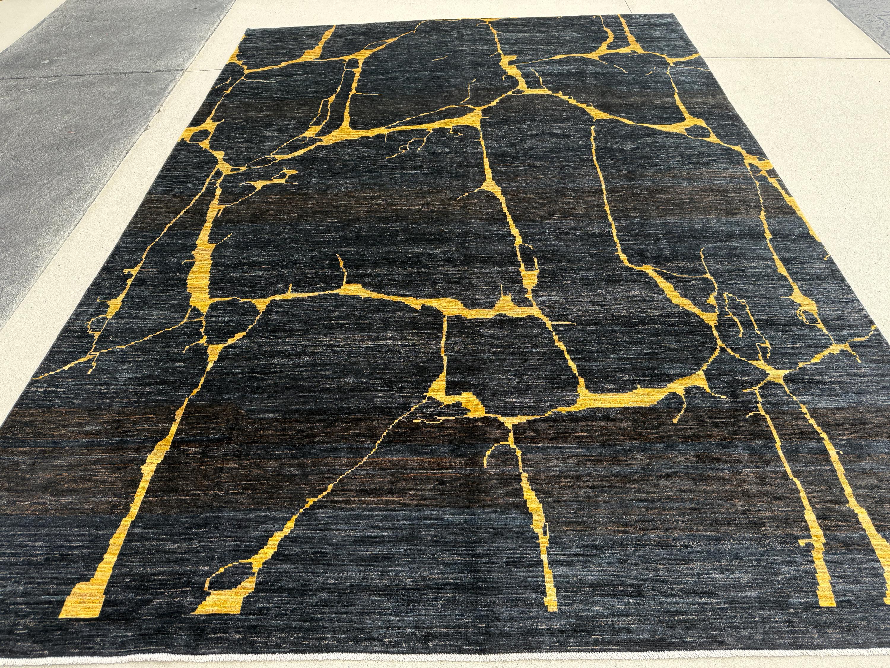 8x11 (244x335) Handmade Afghan Rug | Black Midnight Blue Gold Saffron Yellow | Wool Abstract Flokati Ourain Oushak Modern Contemporary Bold