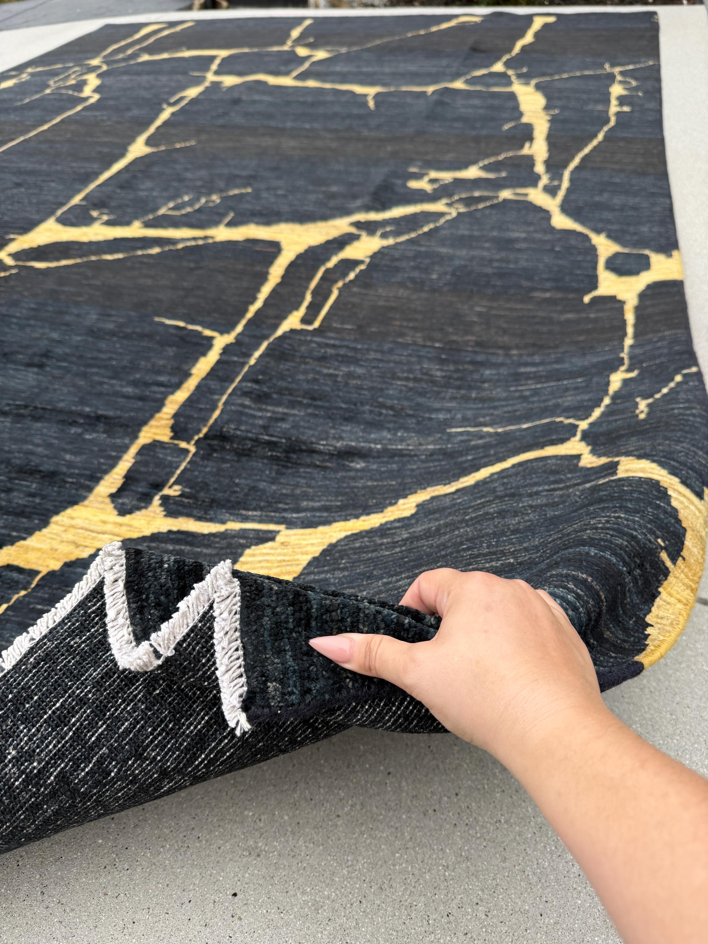 8x11 (244x335) Handmade Afghan Rug | Black Midnight Blue Gold Saffron Yellow | Wool Abstract Flokati Ourain Oushak Modern Contemporary Bold