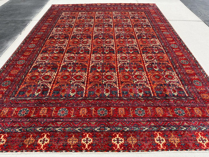 9x12 (275x365) Handmade Afghan Rug | Cherry Garnet Crimson Red Pine Green Midnight Blue White Ivory Coral Peach Orange | Wool Geometric