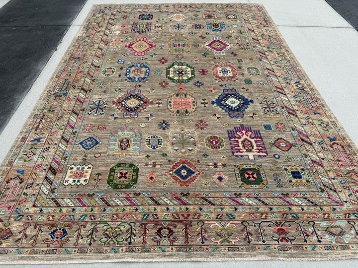 8x12 Handmade Afghan Rug | Neutral Cream Taupe Tan Forest Moss Green Ivory White Rust Peach Orange Magenta Powder Royal Blue Maroon Pink