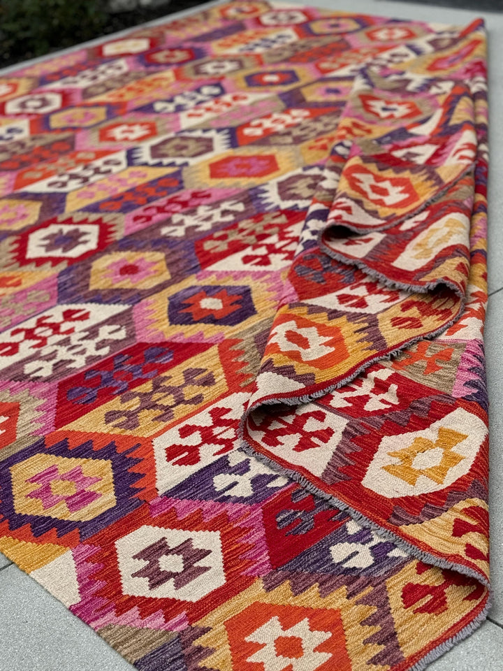 8-9x12 (260x365) Handmade Afghan Kilim Rug | Fuschia Pink Cherry Red Eggplant Violet Mauve Cream Rust Orange Bown | Wool Flatweave Woven