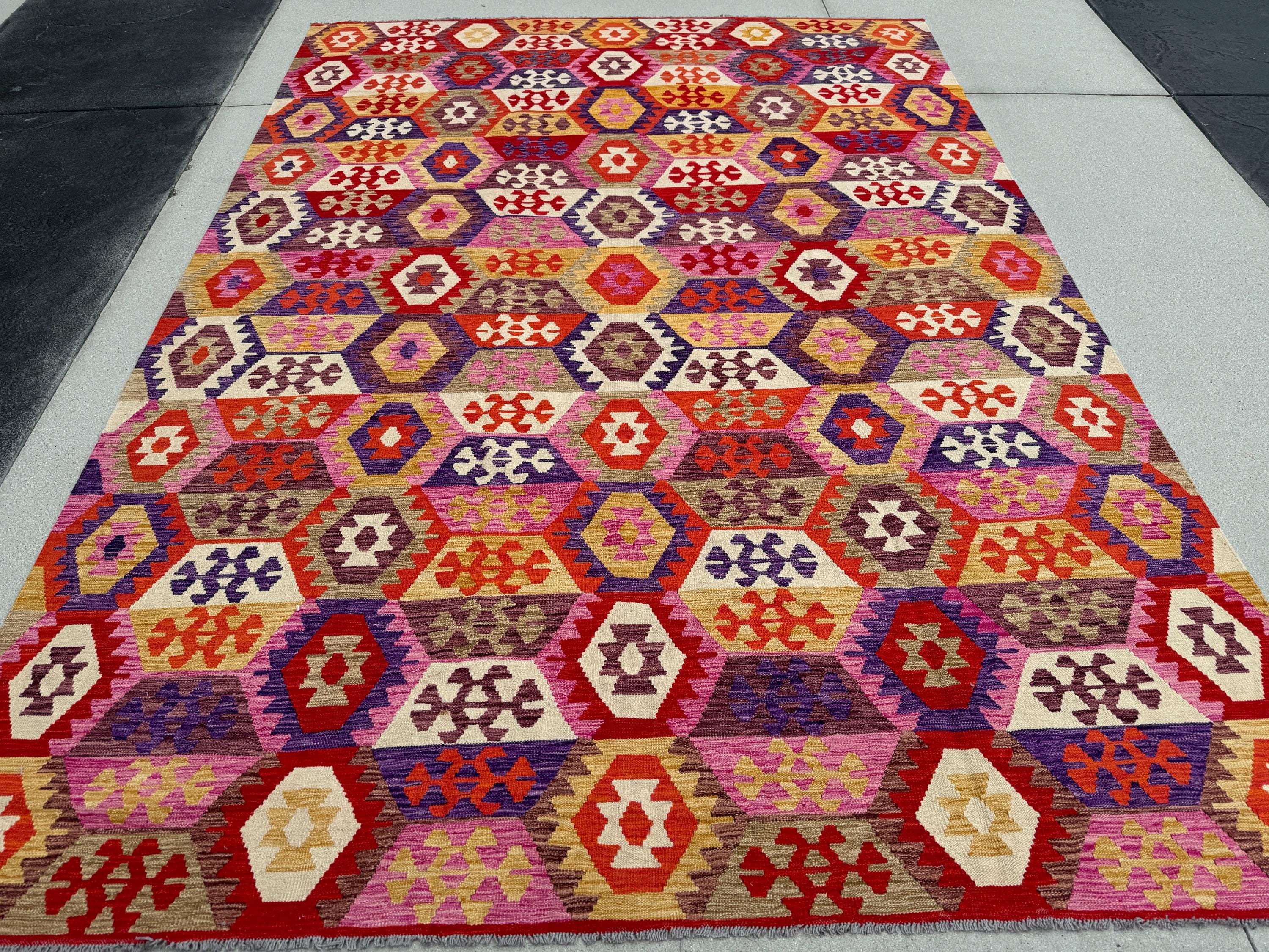 8-9x12 (260x365) Handmade Afghan Kilim Rug | Fuschia Pink Cherry Red Eggplant Violet Mauve Cream Rust Orange Bown | Wool Flatweave Woven