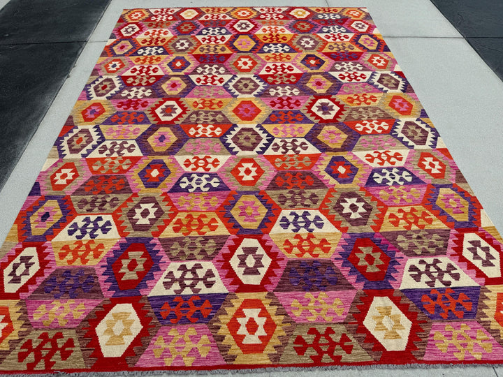 8-9x12 (260x365) Handmade Afghan Kilim Rug | Fuschia Pink Cherry Red Eggplant Violet Mauve Cream Rust Orange Bown | Wool Flatweave Woven