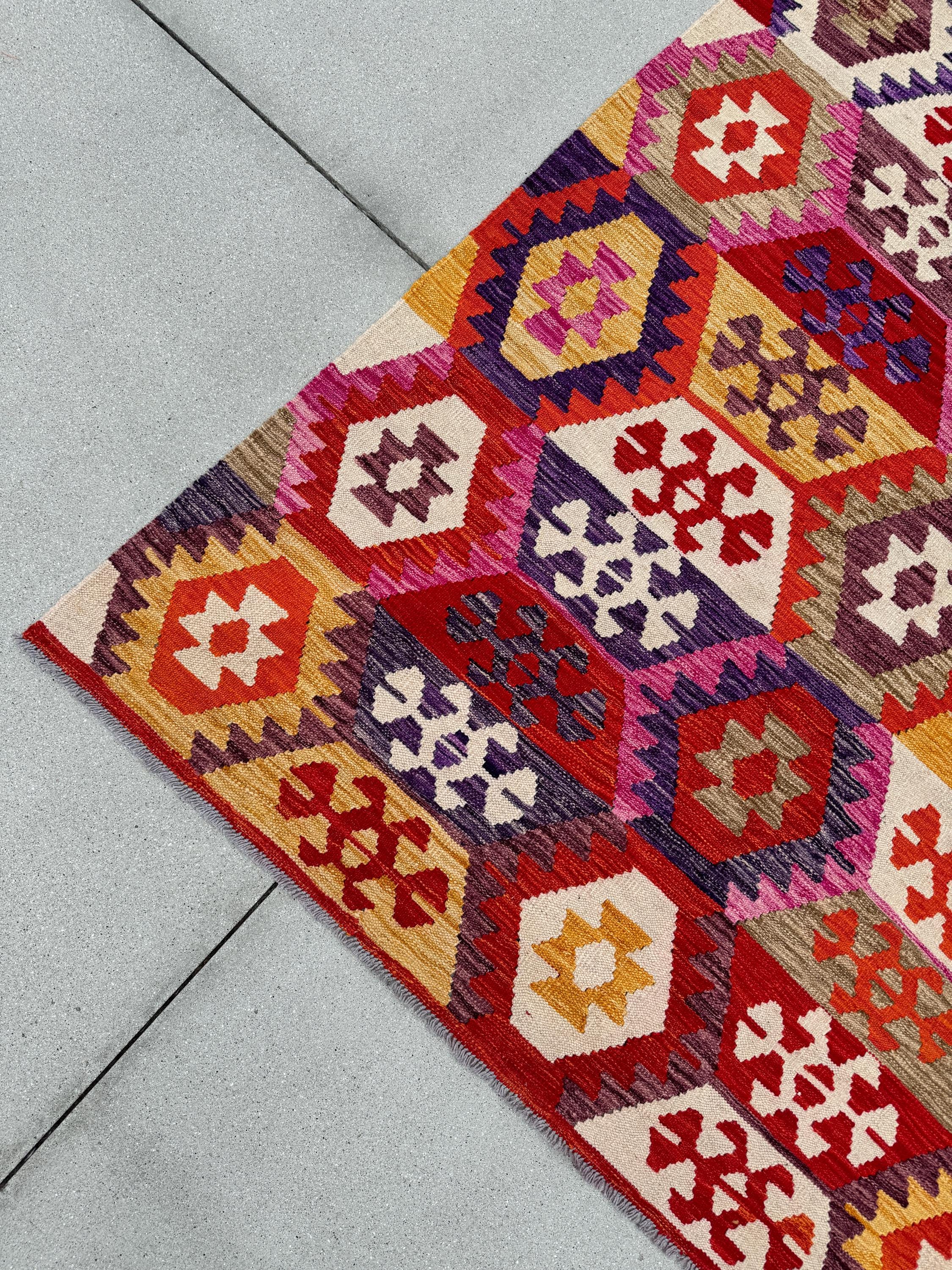 8-9x12 (260x365) Handmade Afghan Kilim Rug | Fuschia Pink Cherry Red Eggplant Violet Mauve Cream Rust Orange Bown | Wool Flatweave Woven