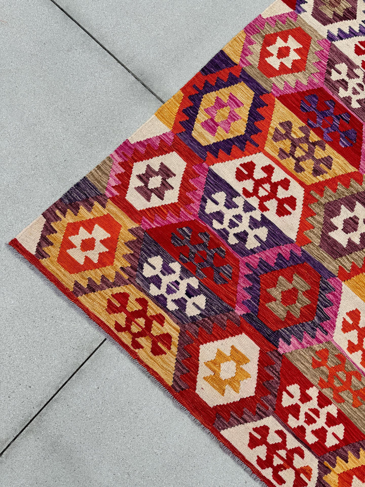 8-9x12 (260x365) Handmade Afghan Kilim Rug | Fuschia Pink Cherry Red Eggplant Violet Mauve Cream Rust Orange Bown | Wool Flatweave Woven