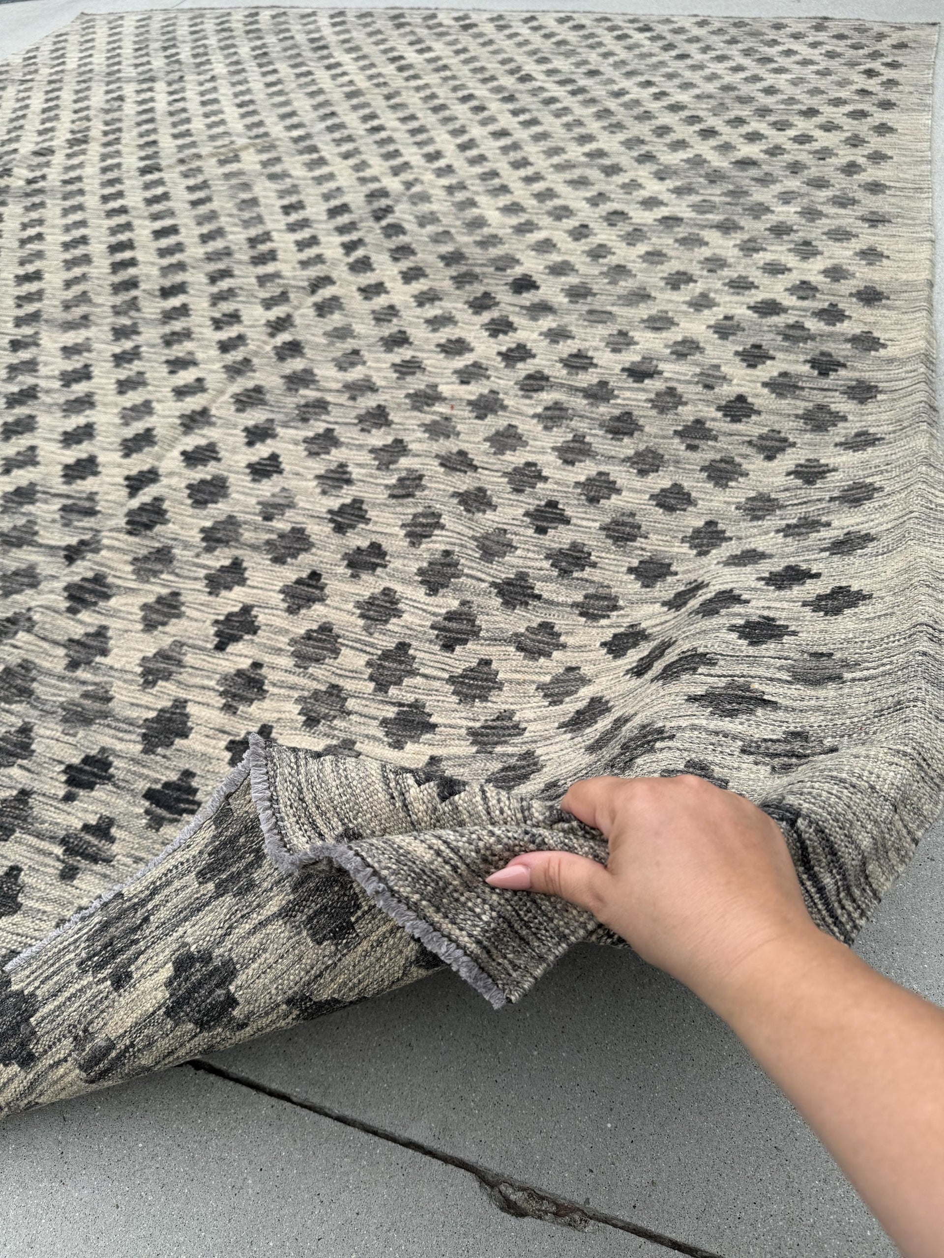 8x10 Handmade Afghan Kilim Rug | Ivory Cream Charcoal Grey Gray Black | Flatweave Wool Persian Turkish Oushak Outdoor Patio