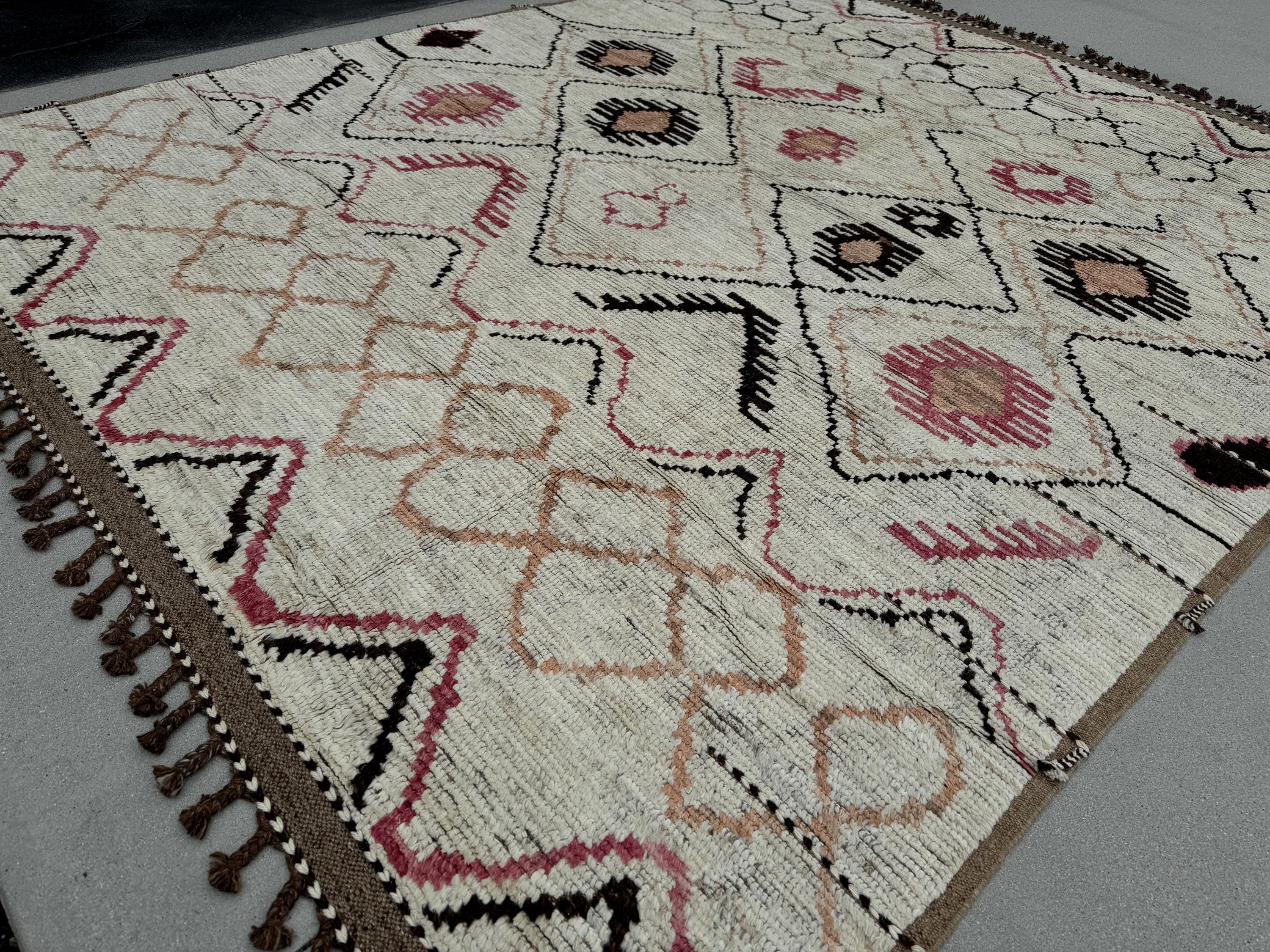 9x11 Handmade Afghan Moroccan Rug | Ivory Cream Black Pink Brown | Berber Beni Plush Turkish Wool Oushak Flokati Ourain Bohemian Persian