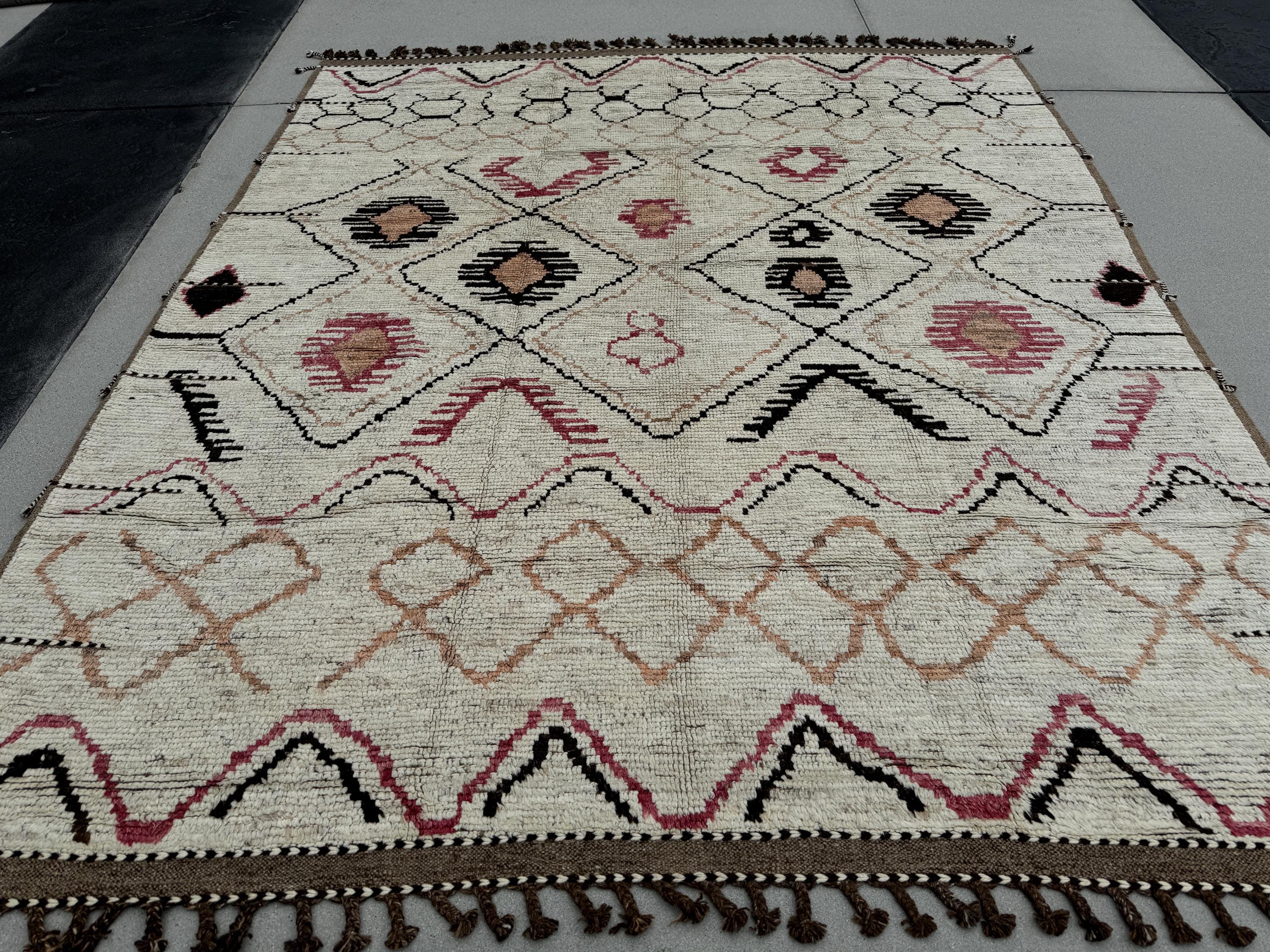 9x11 Handmade Afghan Moroccan Rug | Ivory Cream Black Pink Brown | Berber Beni Plush Turkish Wool Oushak Flokati Ourain Bohemian Persian