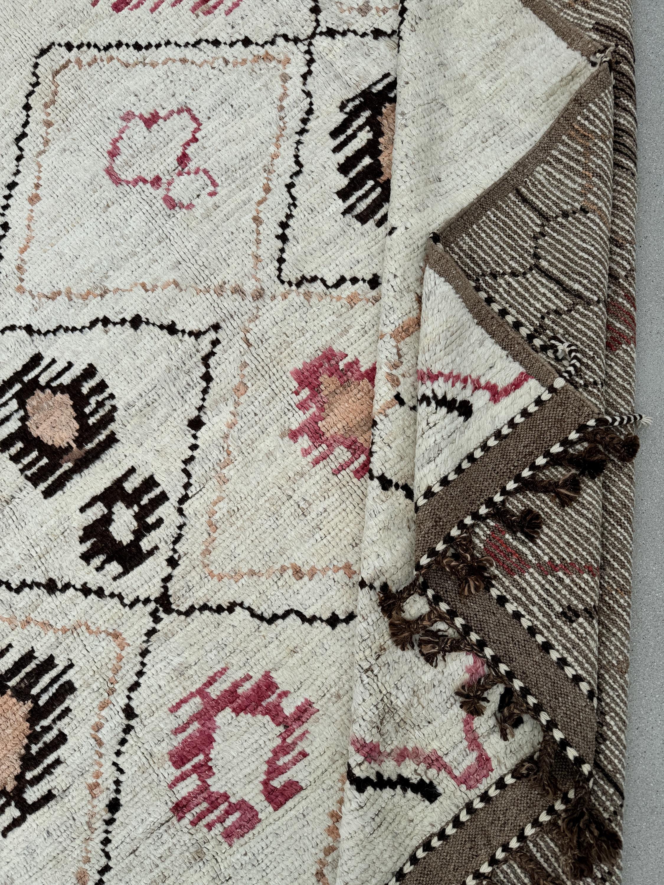 9x11 Handmade Afghan Moroccan Rug | Ivory Cream Black Pink Brown | Berber Beni Plush Turkish Wool Oushak Flokati Ourain Bohemian Persian