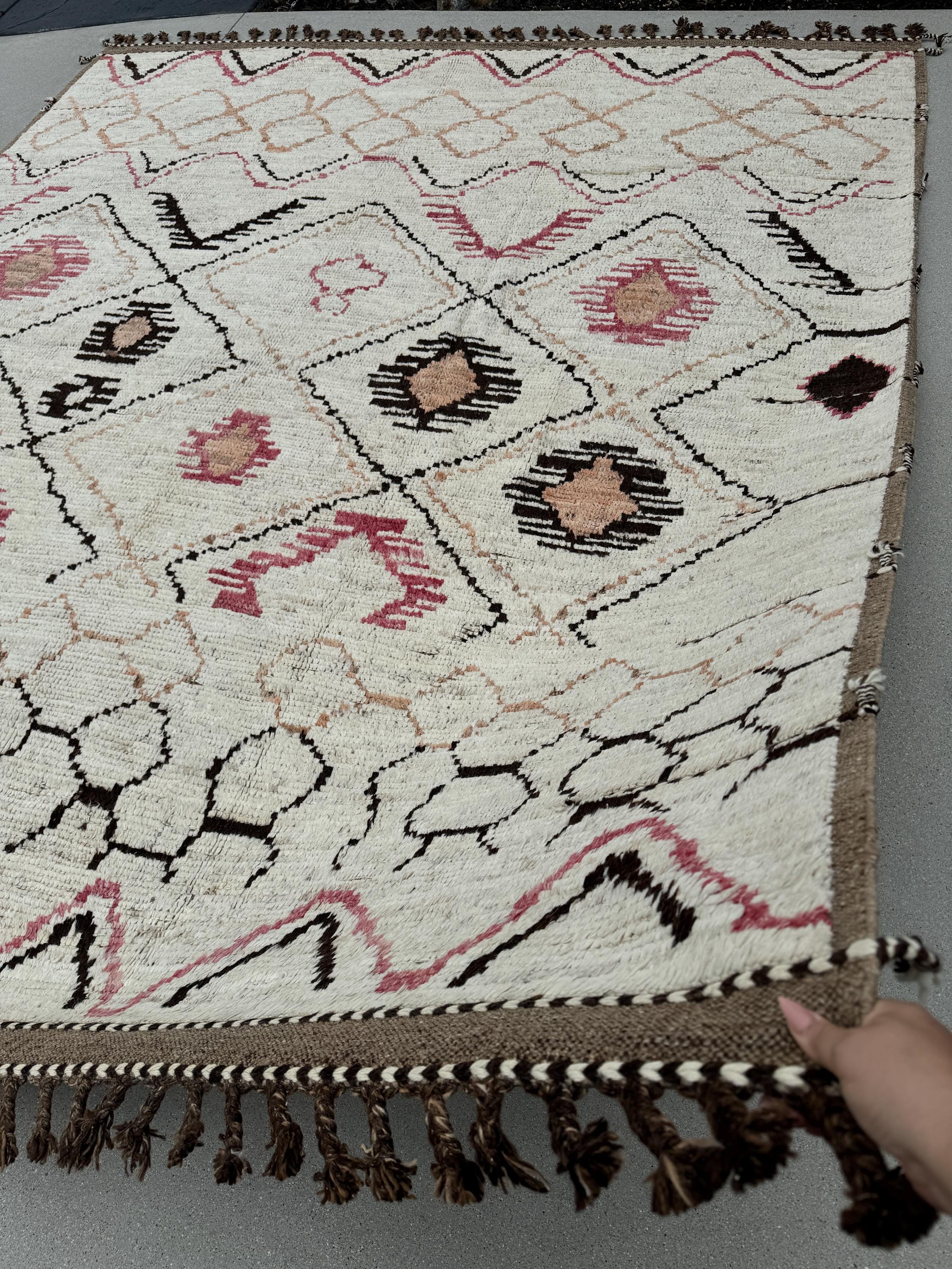 9x11 Handmade Afghan Moroccan Rug | Ivory Cream Black Pink Brown | Berber Beni Plush Turkish Wool Oushak Flokati Ourain Bohemian Persian