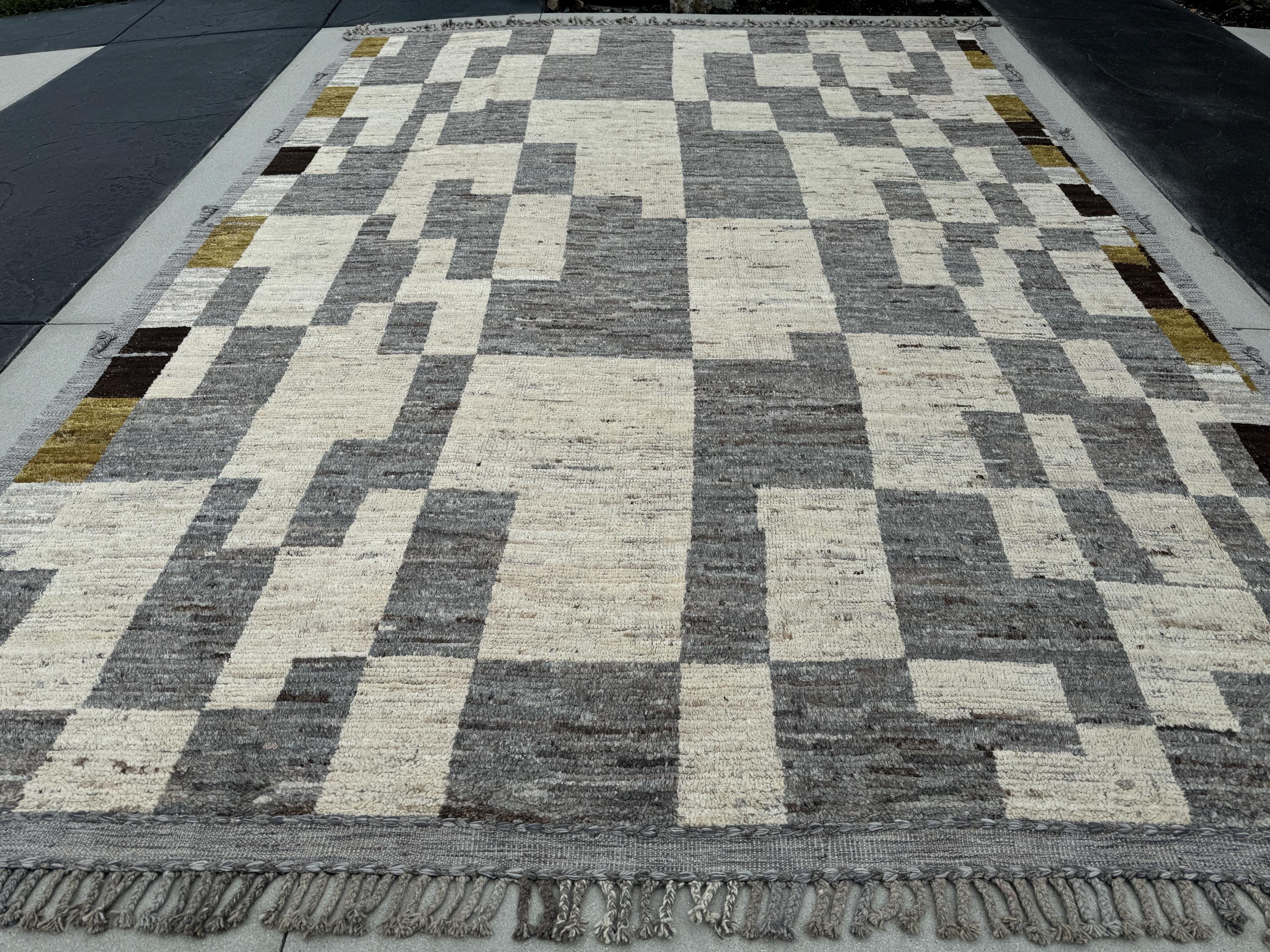 11x15 Handmade Afghan Moroccan Rug | Grey Cream Ivory Black Brown Moss Olive Green | Neutral Modern Berber Beni Ourain Mrirt Boujad Azilal