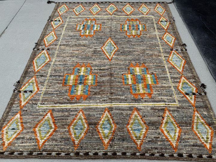 6x8 Handmade Afghan Moroccan Rug | Brown Grey Orange Yellow Sky Blue Cream | Berber Beni Oushak Ourain Tufted Bohemian Persian Southwestern