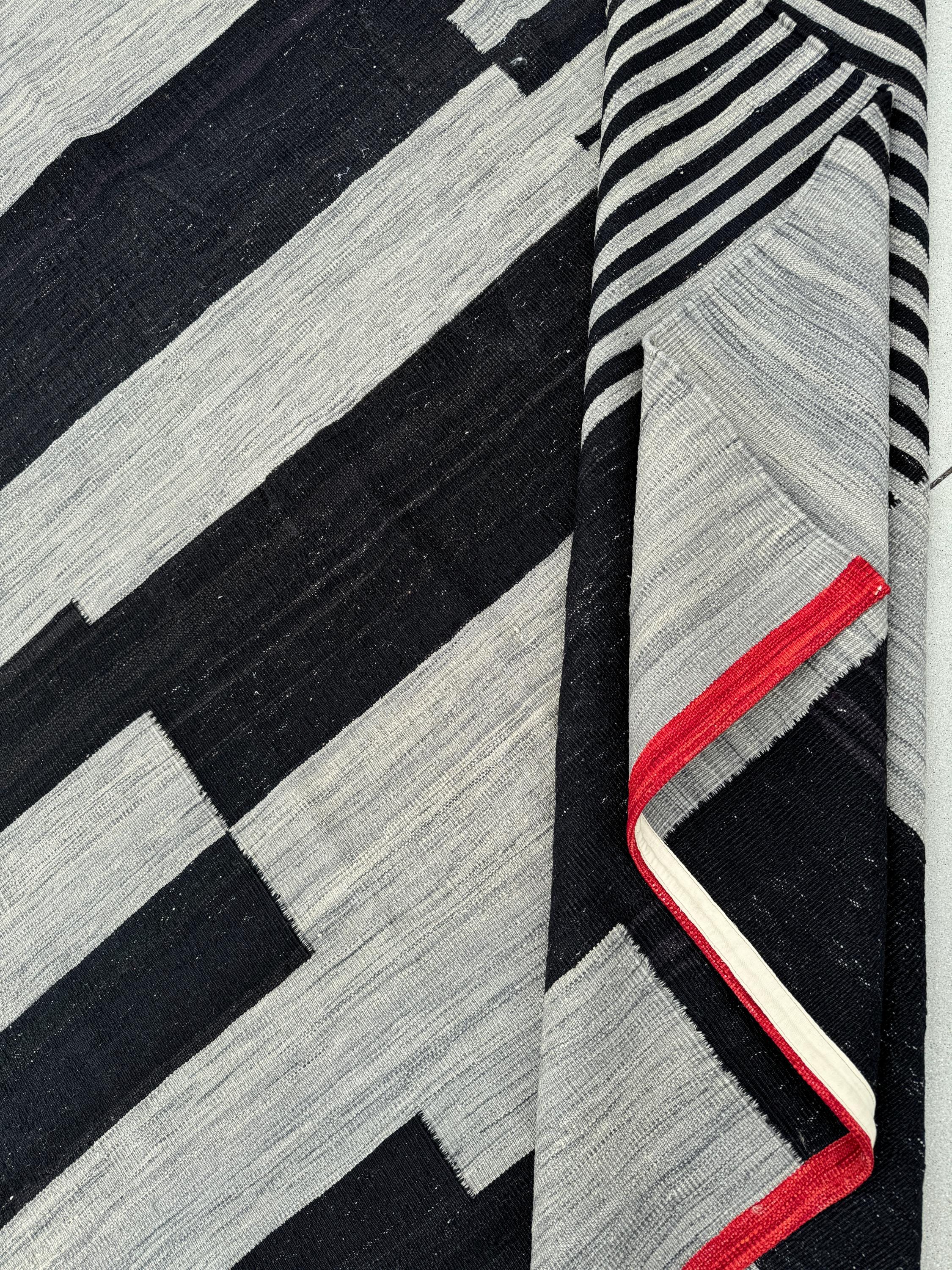 10x13 Handmade Afghan Flatwoven Kilim Rug | Black Grey Red | Wool Handknotted Dhurrie Abstract Geometric Geometric Abstract Art-Centric