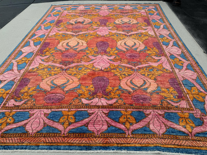 9x12 Handmade Afghan Rug | Pink Purple Orange Gold Yellow Blue | Wool Oushak Persian Handwoven Hand-knotted Floral Traditional