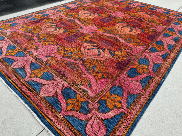 9x12 Handmade Afghan Rug | Pink Purple Orange Gold Yellow Blue | Wool Oushak Persian Handwoven Hand-knotted Floral Traditional