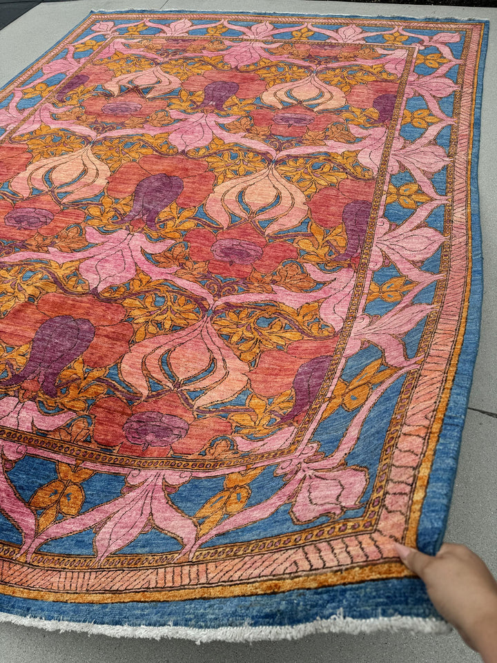 9x12 Handmade Afghan Rug | Pink Purple Orange Gold Yellow Blue | Wool Oushak Persian Handwoven Hand-knotted Floral Traditional