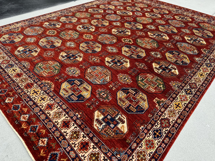 9x12 (275x365) Handmade Afghan Rug | Brick Red Brown Blue Green Gold Ivory Yellow Green | Hand Knotted Woven Wool Tribal Oriental Luxury