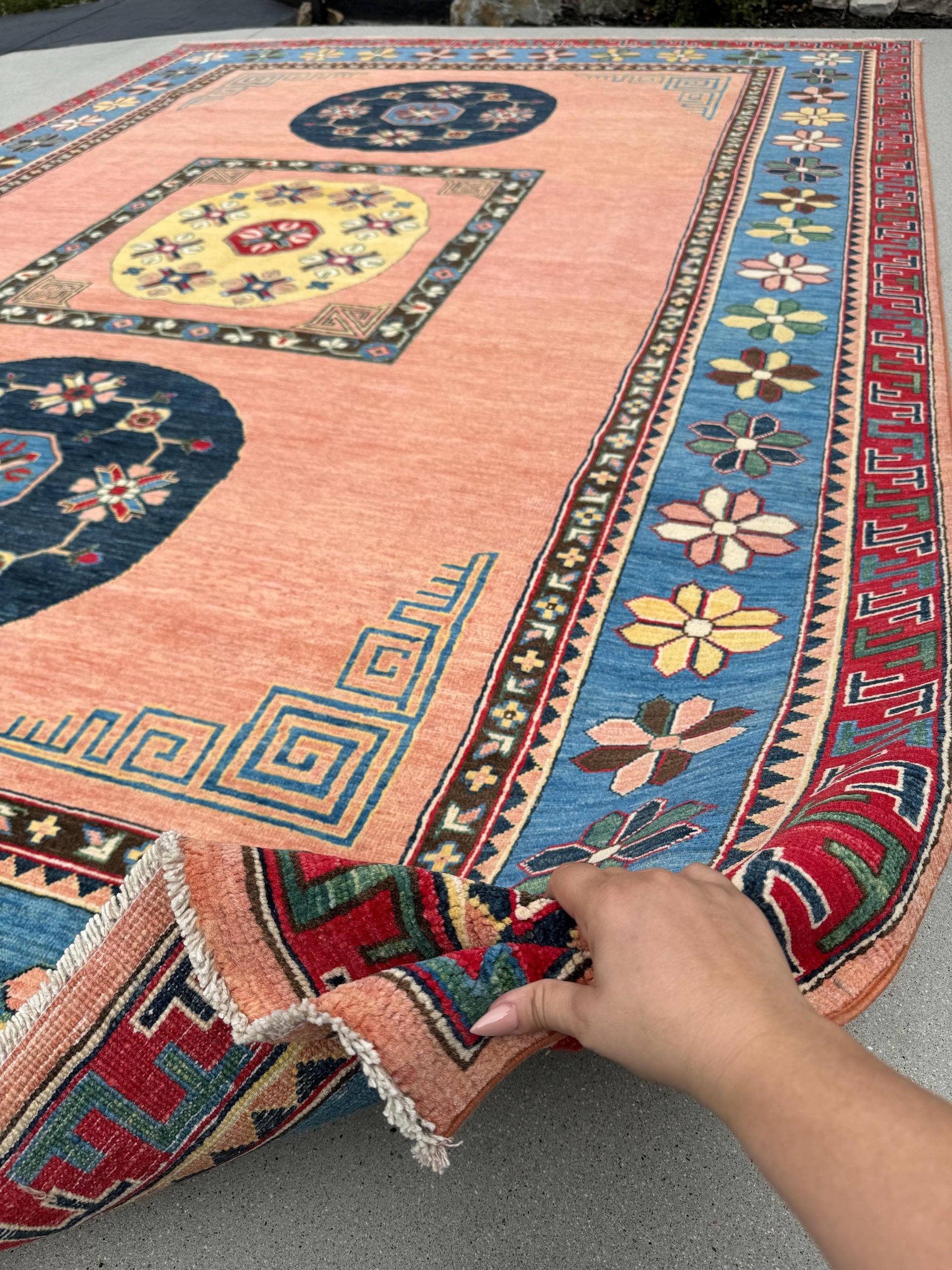 8x12 Handmade Afghan Rug | Peach Salmon Pink Gold Red Dark Denim Blue Green Yellow | Wool Oushak Persian Handwoven Hand-knotted Floral