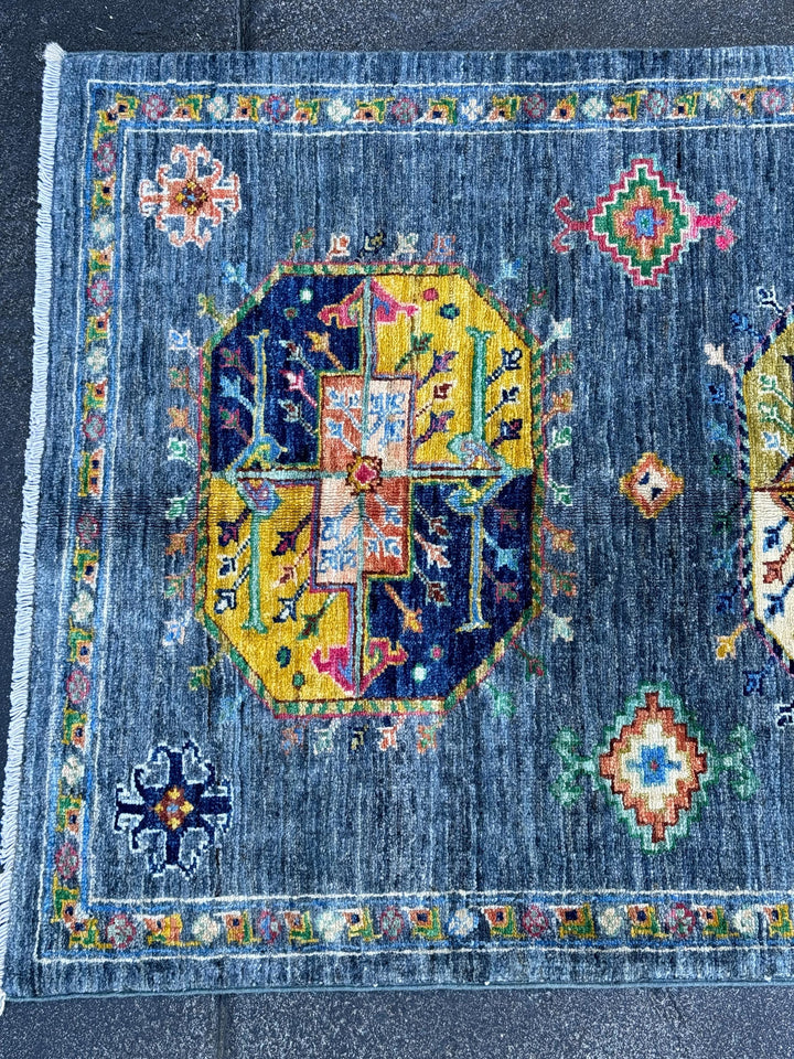 3x10 (90x305) Handmade Afghan Runner Rug | Prussian Navy Blue Mustard Yellow Gold Rust Red Teal Green | Hand Knotted Persian Geometric