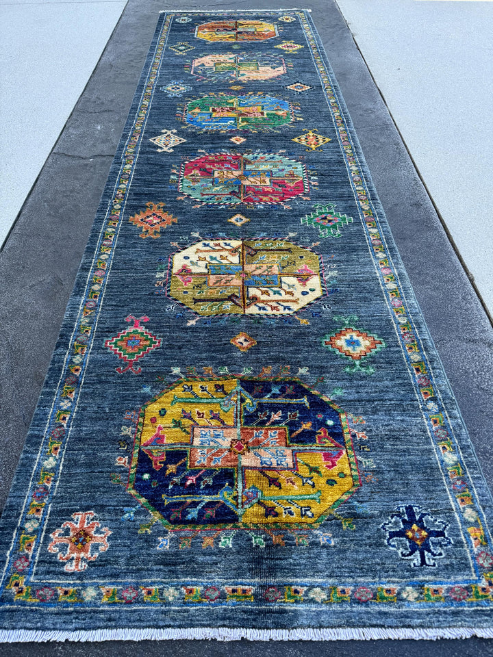 3x10 (90x305) Handmade Afghan Runner Rug | Prussian Navy Blue Mustard Yellow Gold Rust Red Teal Green | Hand Knotted Persian Geometric