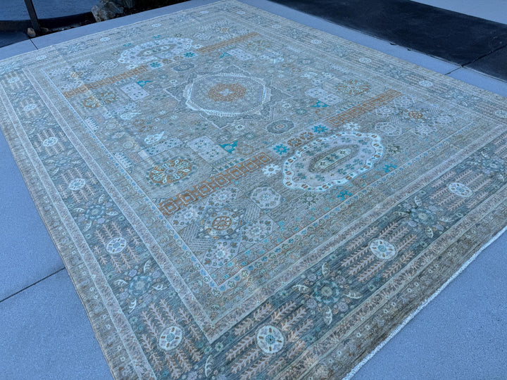 9x12 (270x360) Hand Knotted Afghan Rug | Muted Earthy Green Grey Sage Rust Soft Blue Teal Warm Taupe Cream Ivory | Mamluk Wool Classic Boho