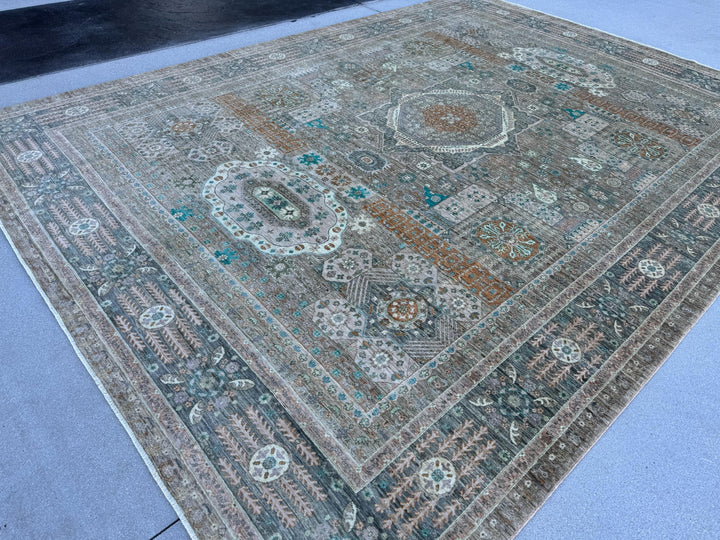 9x12 (270x360) Hand Knotted Afghan Rug | Muted Earthy Green Grey Sage Rust Soft Blue Teal Warm Taupe Cream Ivory | Mamluk Wool Classic Boho