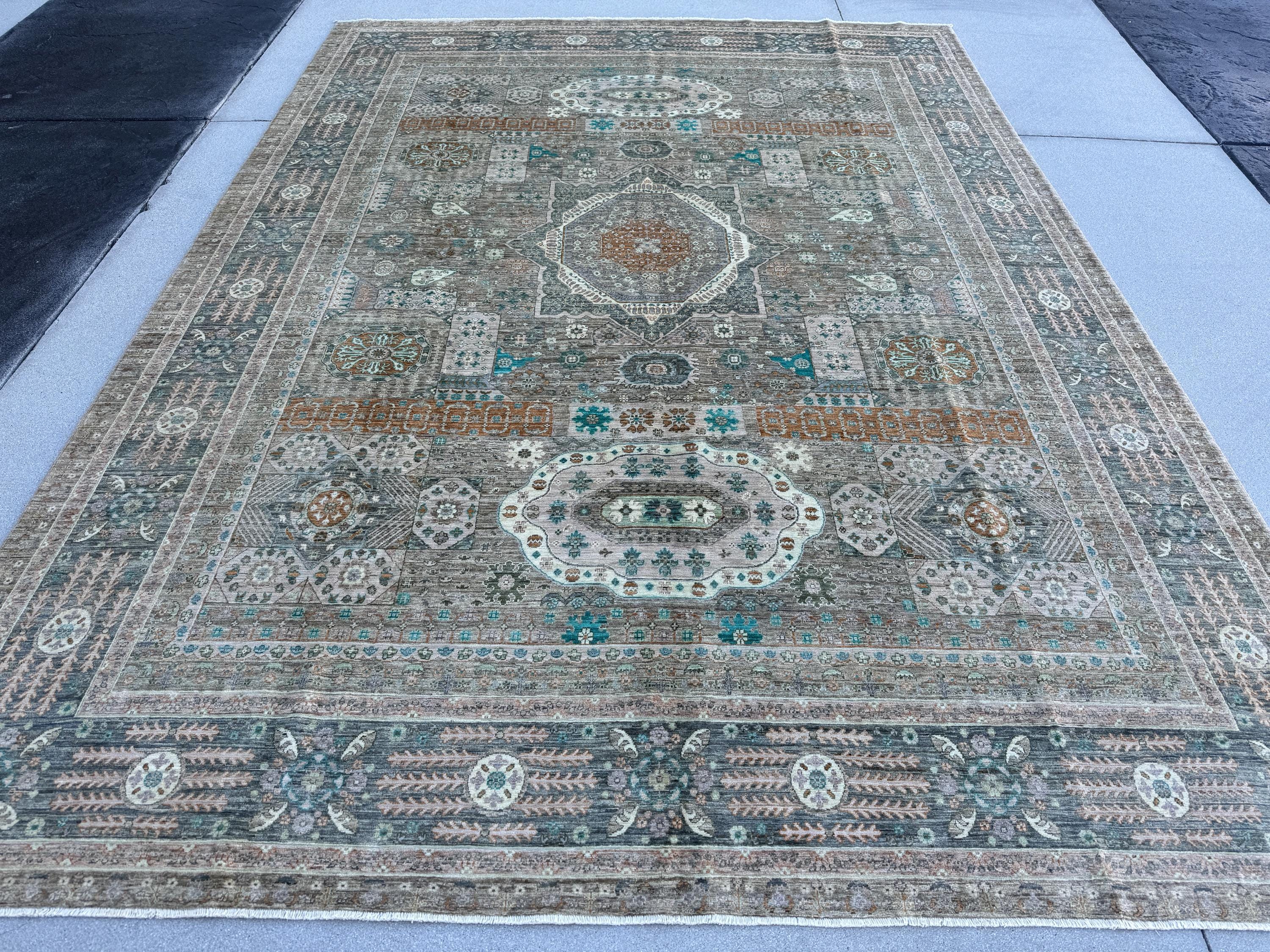 9x12 (270x360) Hand Knotted Afghan Rug | Muted Earthy Green Grey Sage Rust Soft Blue Teal Warm Taupe Cream Ivory | Mamluk Wool Classic Boho