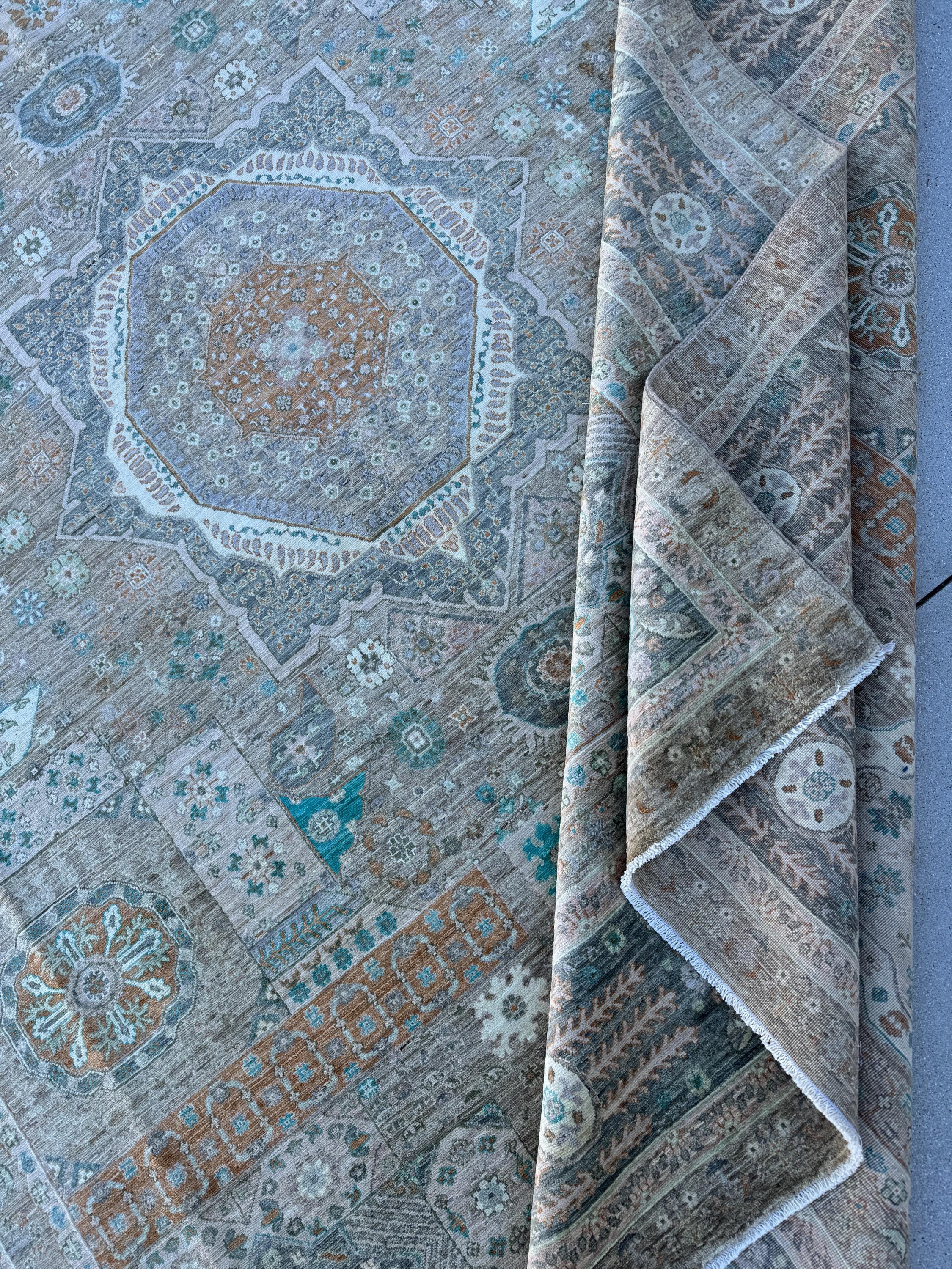 9x12 (270x360) Hand Knotted Afghan Rug | Muted Earthy Green Grey Sage Rust Soft Blue Teal Warm Taupe Cream Ivory | Mamluk Wool Classic Boho