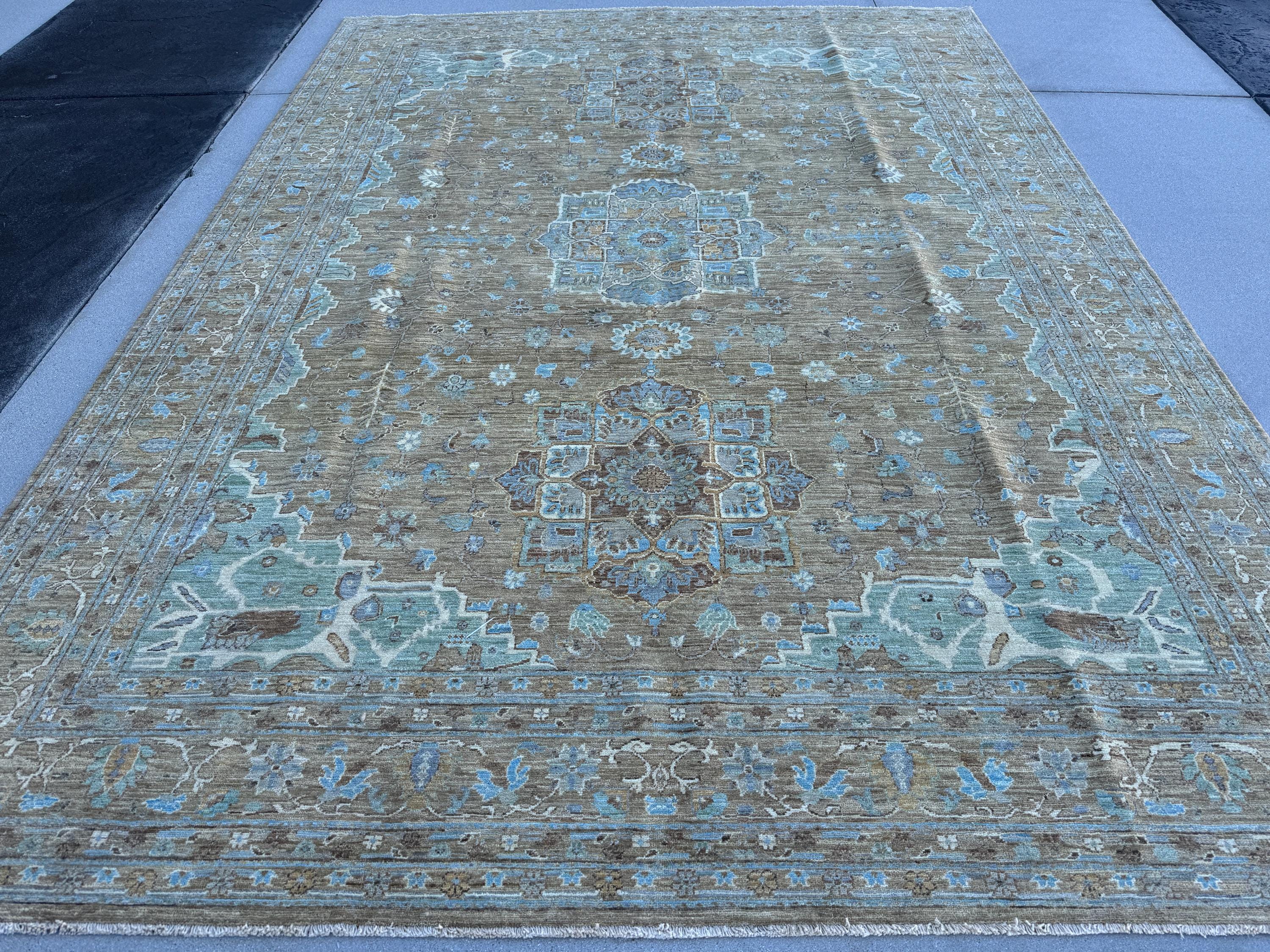 9x12 (270x360) Hand Knotted Afghan Rug | Neutral Muted Brown Beige Ivory Light Sky Blue | Persian Classic Medallions Subtle Distressed