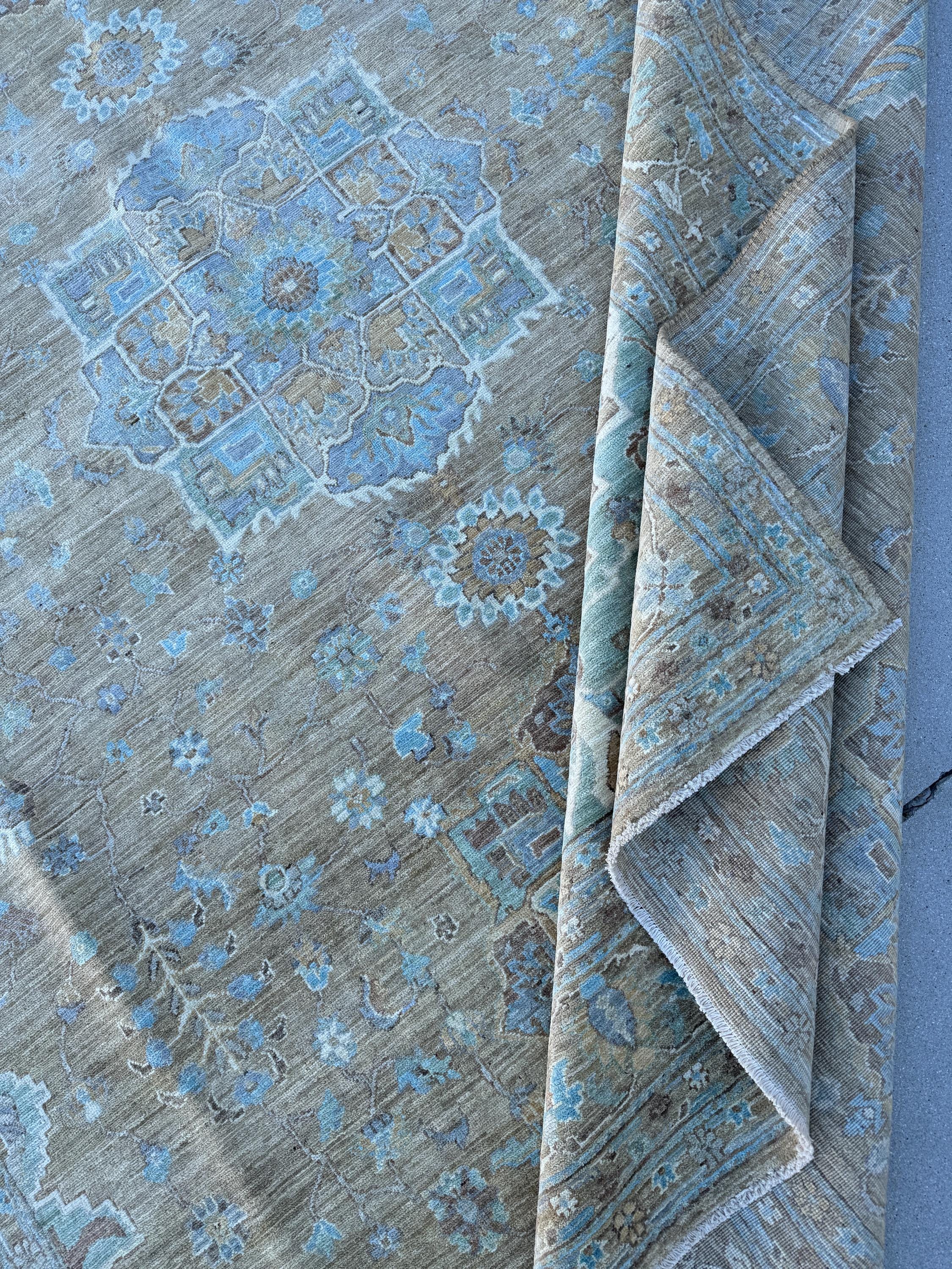 9x12 (270x360) Hand Knotted Afghan Rug | Neutral Muted Brown Beige Ivory Light Sky Blue | Persian Classic Medallions Subtle Distressed